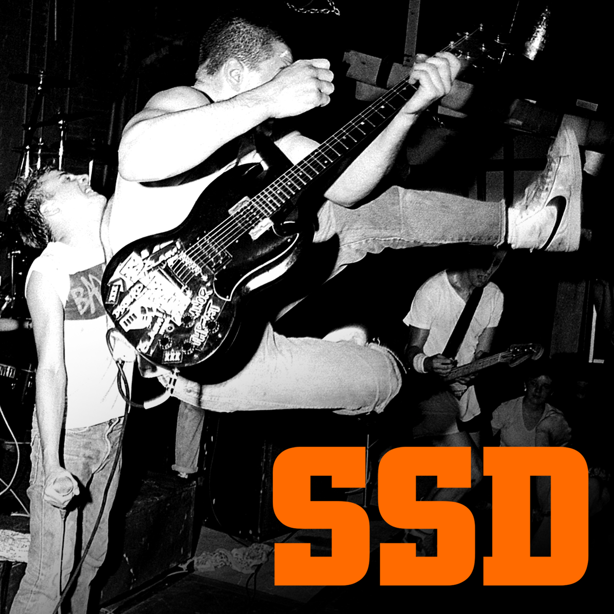 A black-and-white photo of a punk band performing energetically on stage in front of an enthusiastic crowd, with a bassist, guitarist, and vocalist in focus.