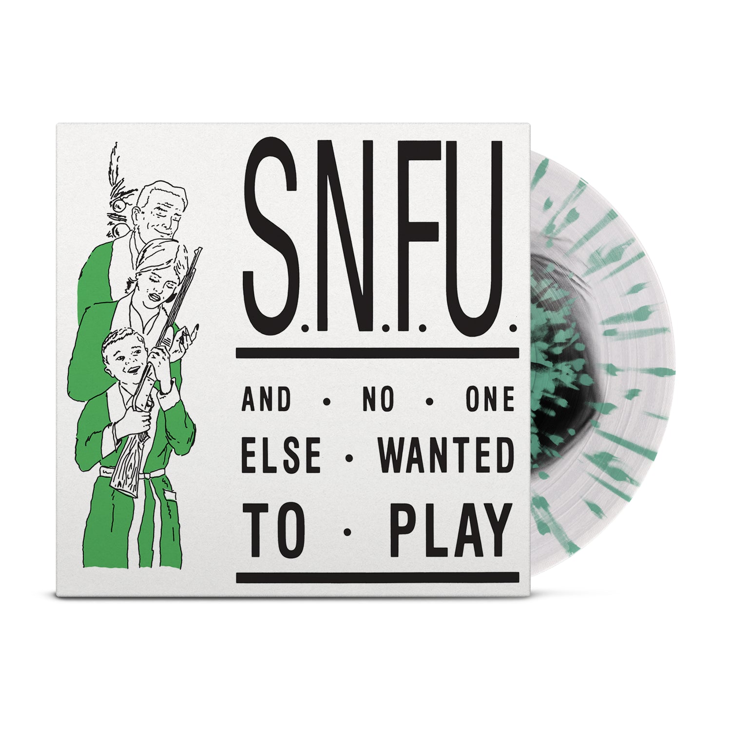 Album cover for SNFU’s ...And No One Else Wanted to Play, showing black text and a green and white illustration of three people, with a Limited Pressing LP on splatter-patterned clear base with black center vinyl partially visible.