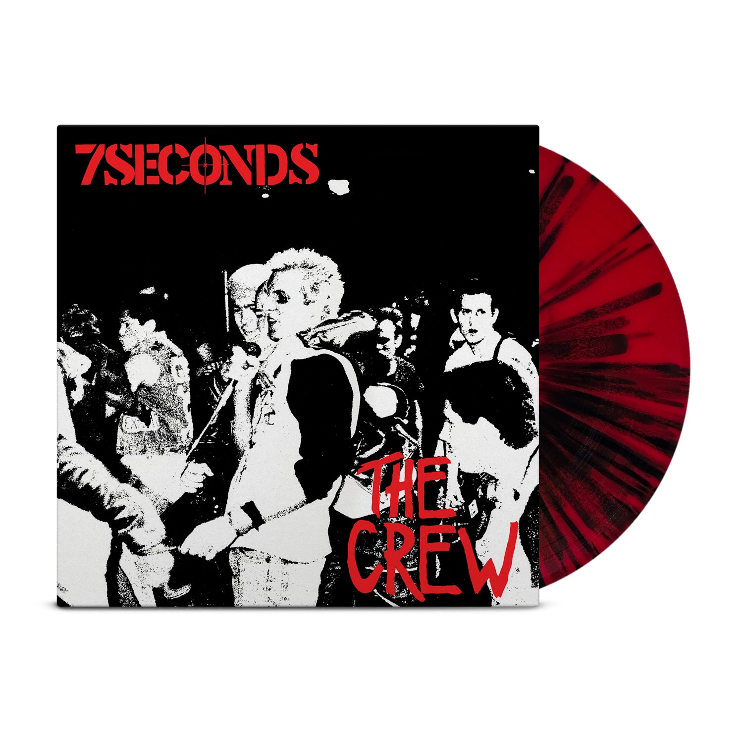 The 7 Seconds The Crew Deluxe Gatefold vinyl set includes a red and black splatter LP, lyric sheet, open booklet with photos and text, and an album cover featuring a black-and-white concert photo with red band and title text.