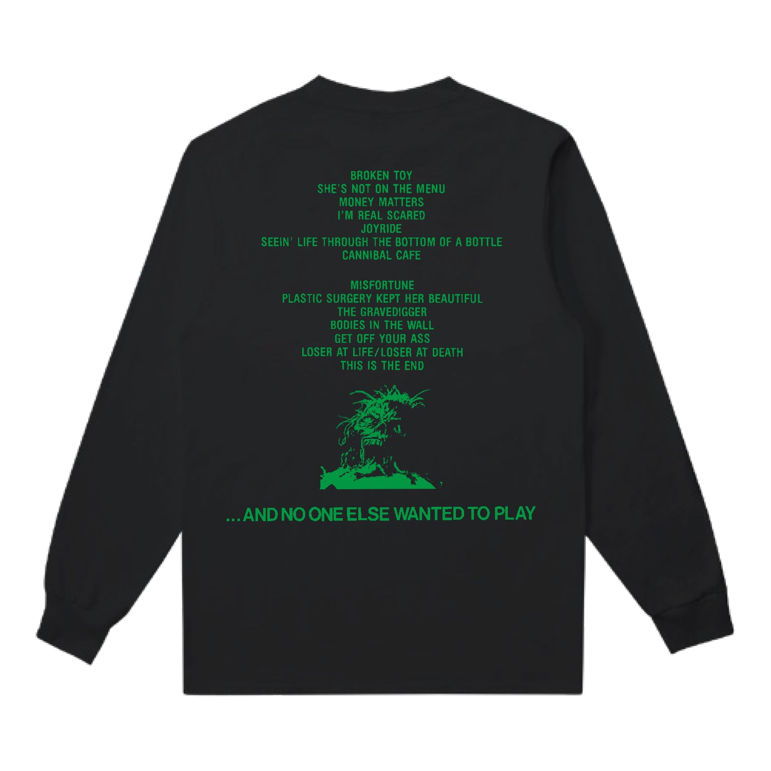 A black long-sleeve SNFU shirt with green SNFU print and a small skull graphic on the left chest—ideal for fans of unique printed apparel.