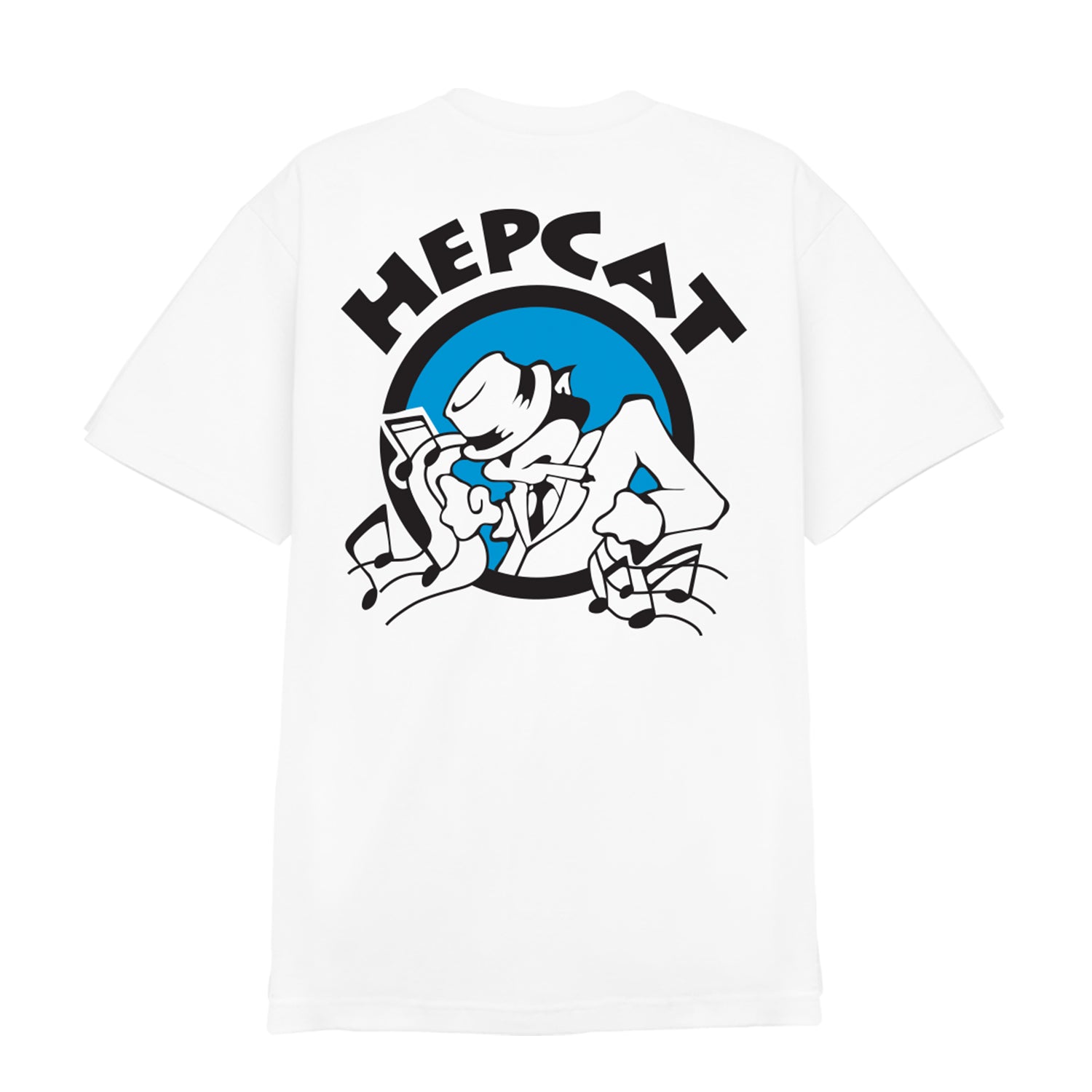 White T-shirt by Hepcat featuring a blue and white cartoon cat in a suit and hat playing saxophone, HEPCAT text above, and musical notes around the design.