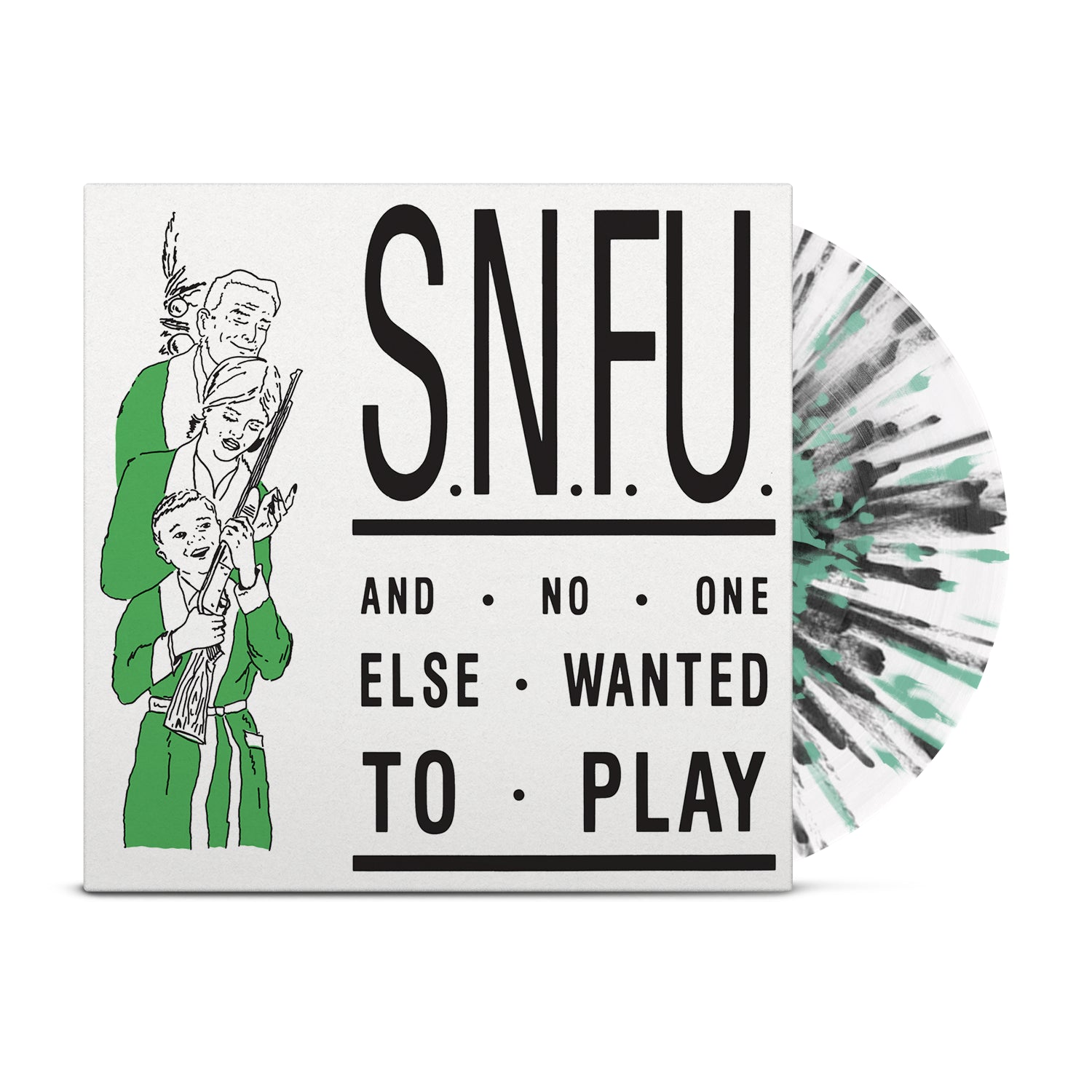 A limited White with Black & Mint Green Splatter Vinyl record by SNFU is partially visible behind the album cover, which reads "And No One Else Wanted to Play" and shows a green and white drawing of three people holding plants.
