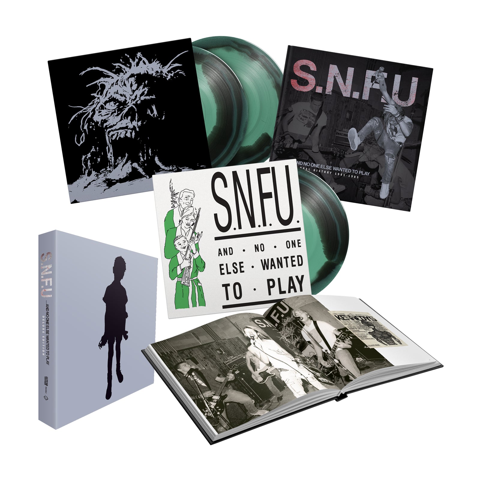 The SNFU Deluxe Edition Box Set includes limited edition mint green vinyl, an illustrated booklet, a hardcover book, a sticker, and album covers with punk-inspired artwork and band photos.