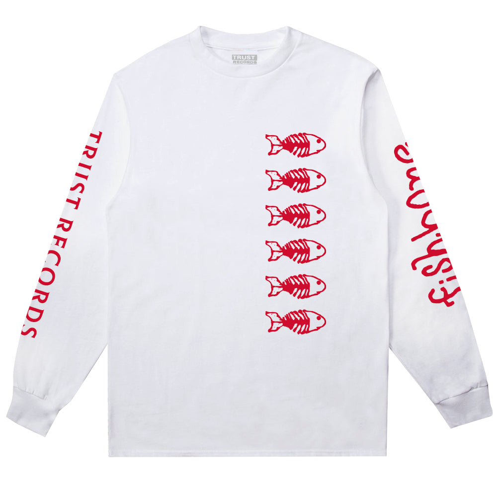This white Comfort Colors long-sleeve shirt by Fishbone features six red fishbone graphics vertically on the front, TRUST RECORDS in red on the left sleeve, and Fishbone branding on the right sleeve.