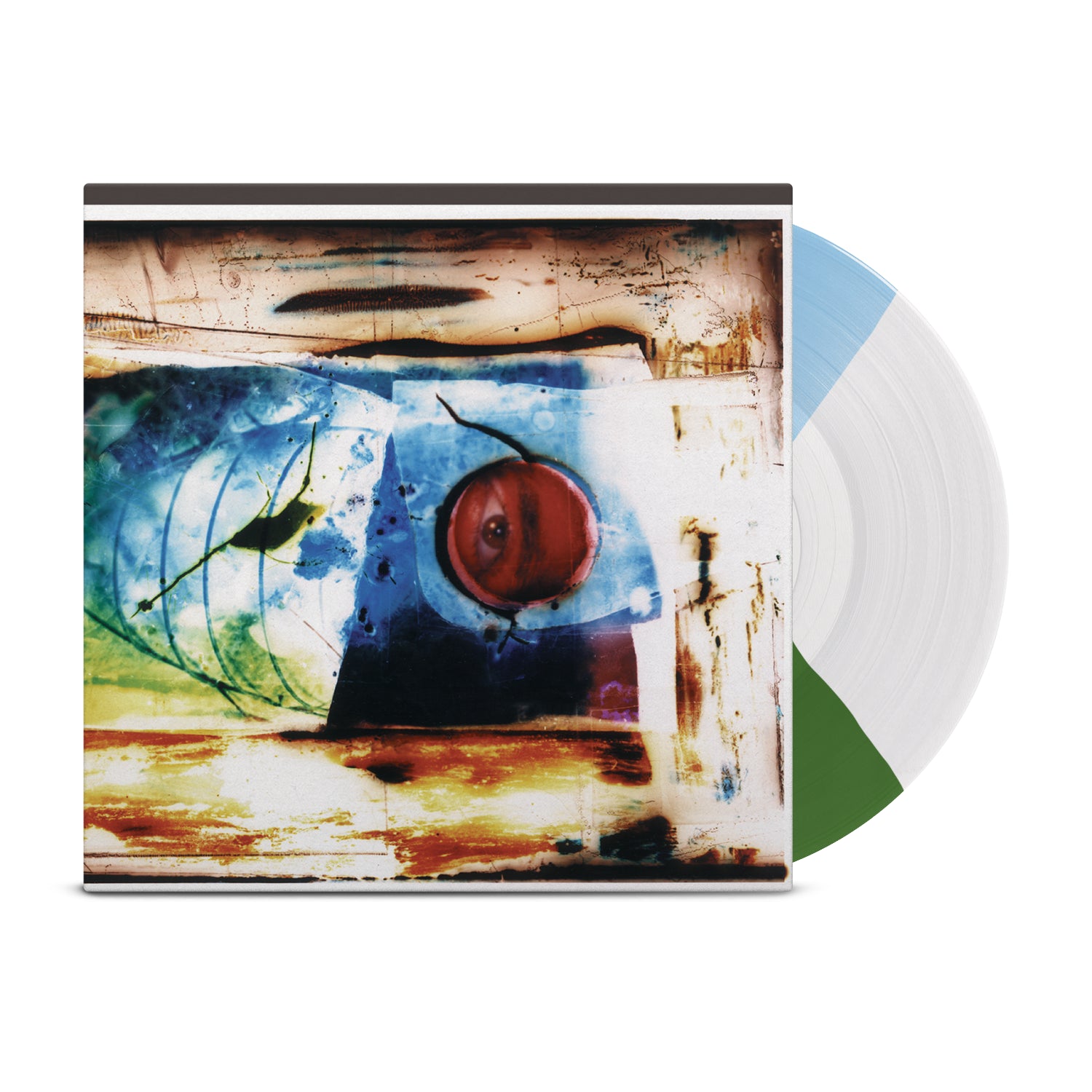 A blue, white, and green vinyl peeks from an abstract album cover—this is Ink & Dagger’s The Fine Art of Original Sin, a classic punk hardcore release.