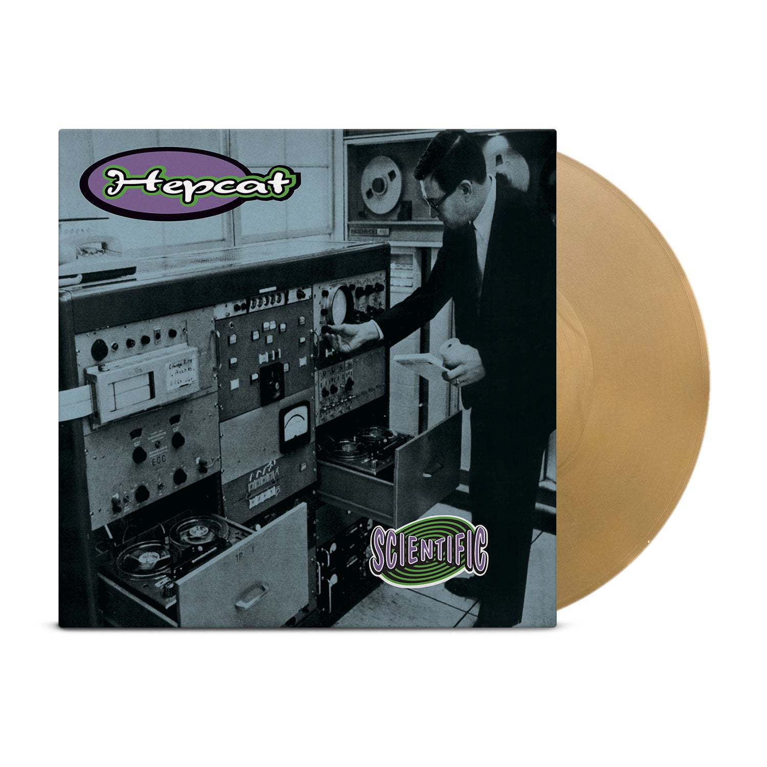 Hepcat’s "Powder Blue" album cover shows a black-and-white photo of a man in a suit with vintage audio equipment; on the right, a gold vinyl record and partial track listing are visible.