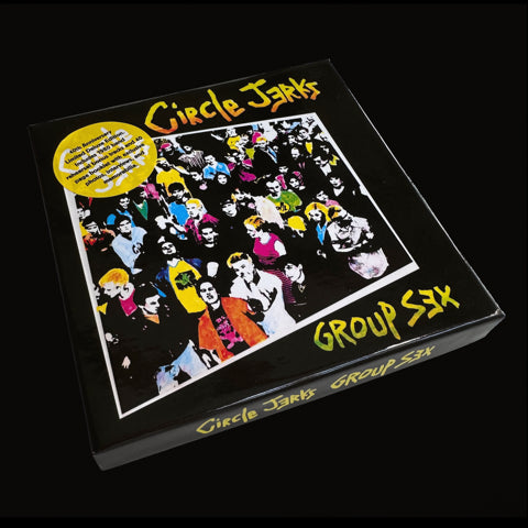 Circle Jerks’ Deluxe Anniversary Edition of the remastered Group Sex punk album features a yellow CD, vivid cartoon-style cover art, and a booklet with black-and-white band photos.
