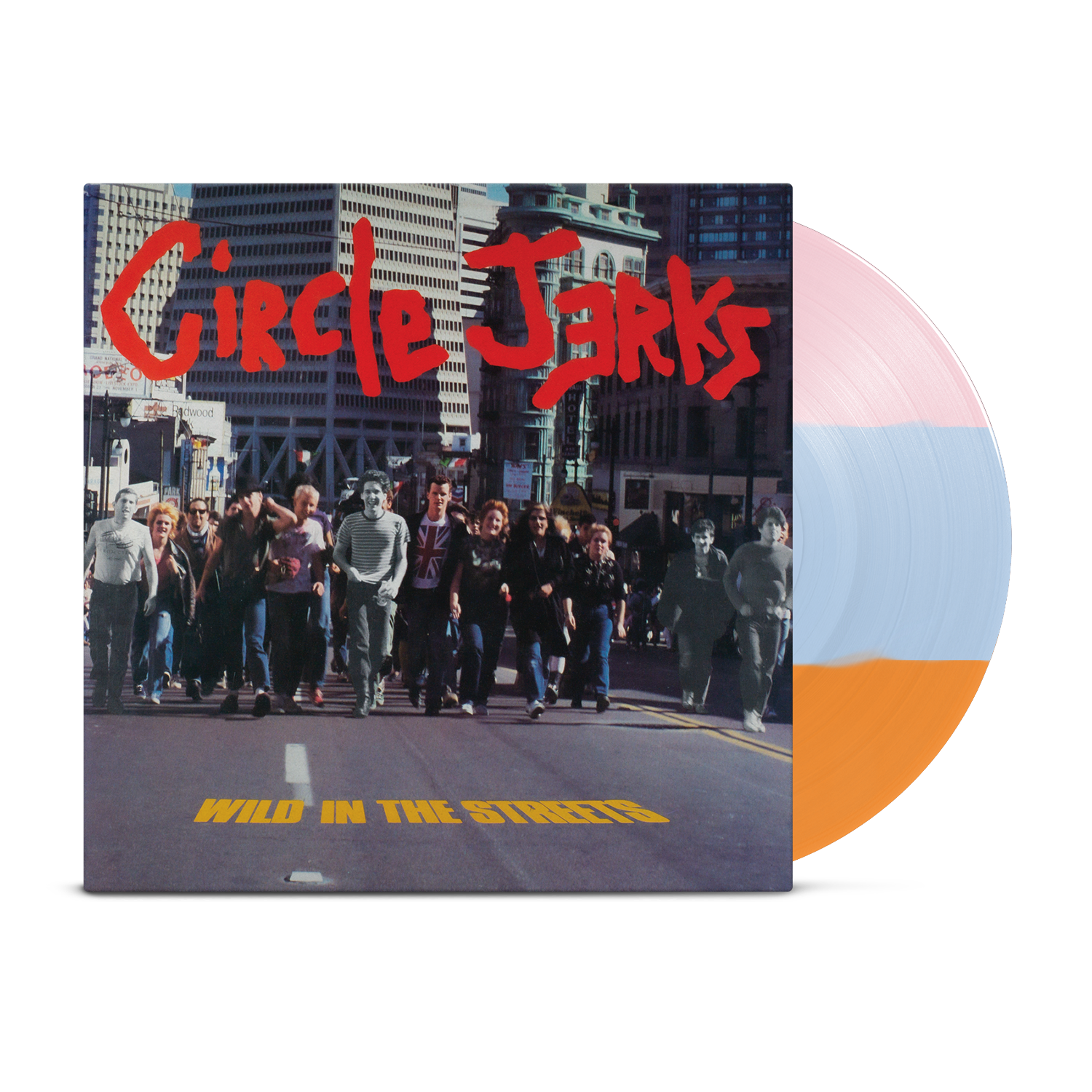 Circle Jerks Wild in the Streets Deluxe Anniversary Edition vinyl features an orange, white, and light blue record. The album cover shows a group crossing a city street, with a bold red Circle Jerks logo and yellow album title.