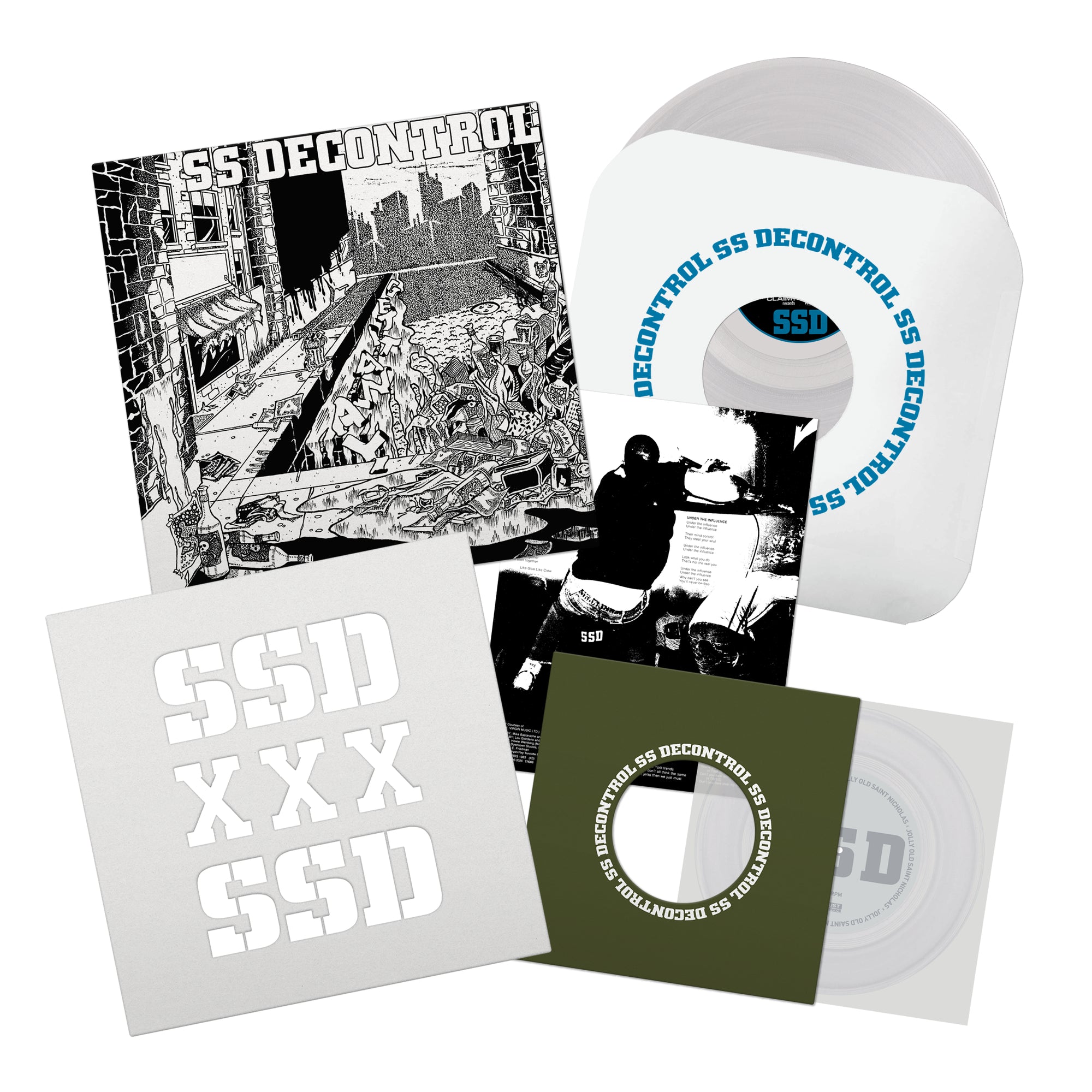 SS Decontrol limited edition box set featuring the “SSD Get it Away” vinyl, illustrated cover, lyric sheet, photo booklet, and branded printed materials.