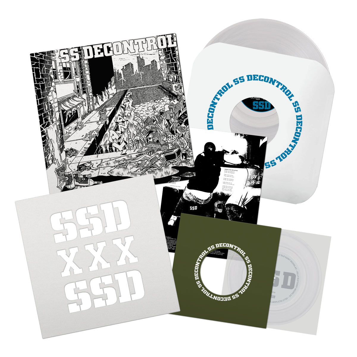 SS Decontrol limited edition box set featuring the “SSD Get it Away” vinyl, illustrated cover, lyric sheet, photo booklet, and branded printed materials.