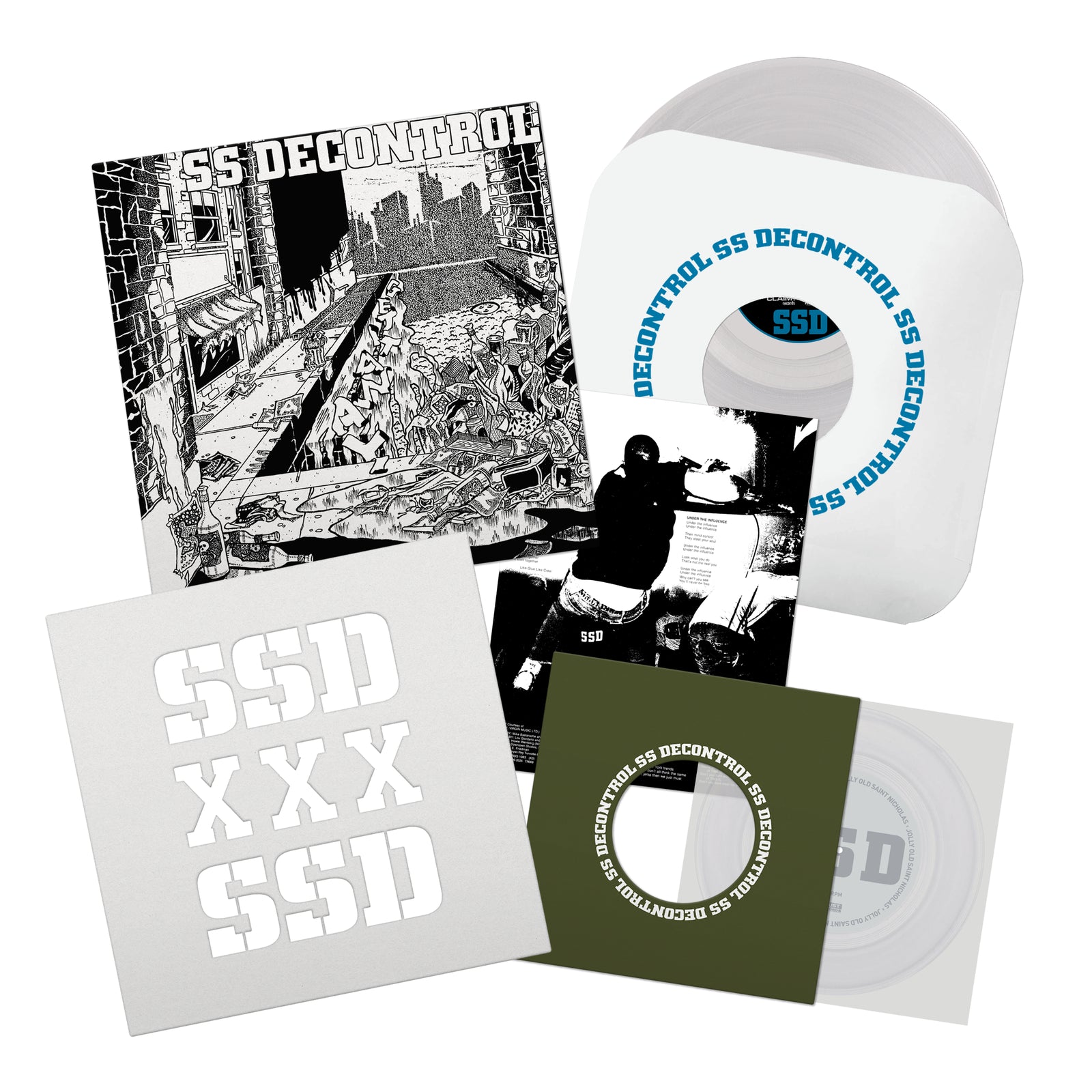 Black and white cover shows city ruins, graffiti, and debris with “SSD Decontrol” at the top. A limited edition transparent vinyl by SS Decontrol is partly visible, capturing the raw energy of SSD Get It Away.