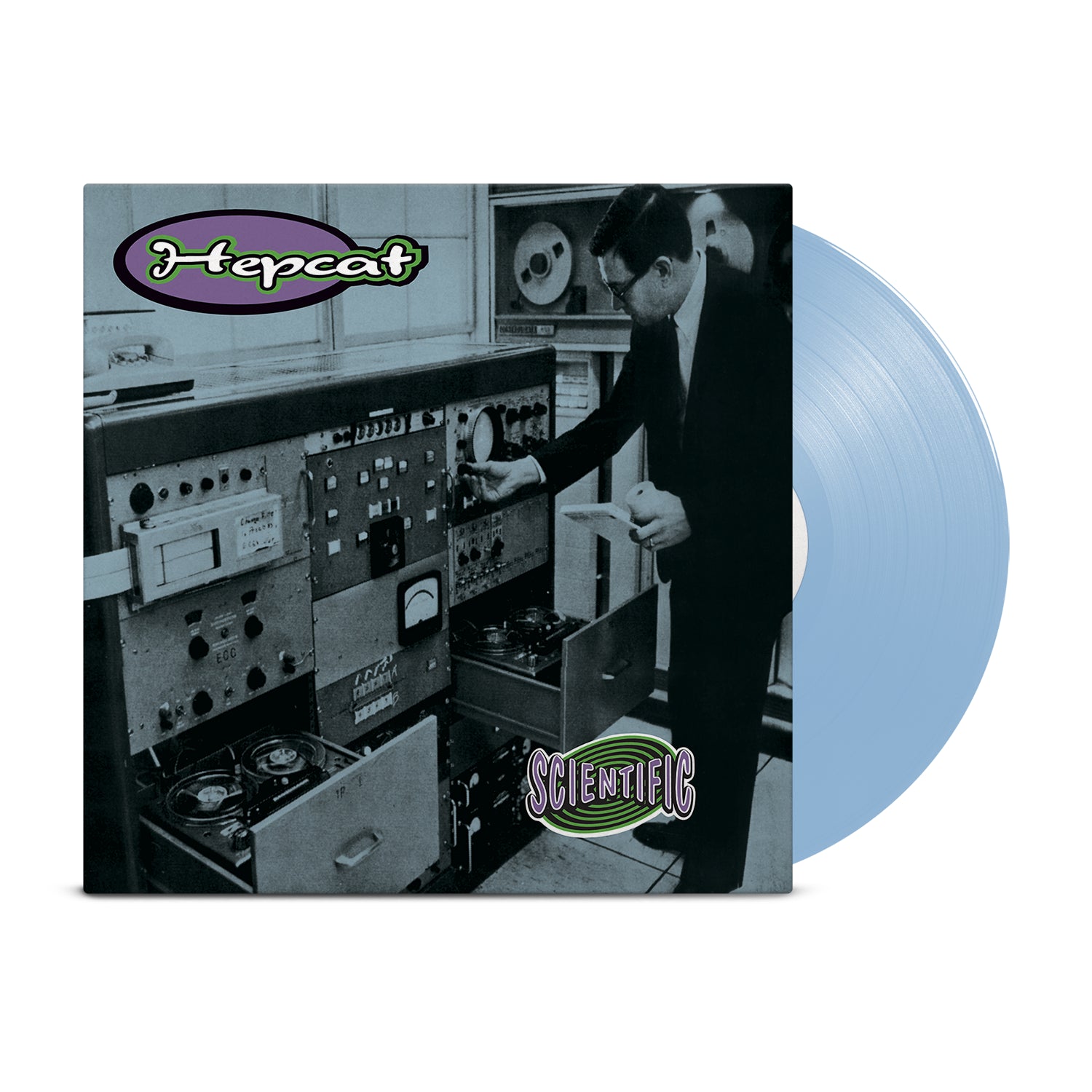 A powder blue vinyl record slides out of Hepcats Scientific album, which has a black-and-white cover showing a man using vintage audio equipment in a studio.