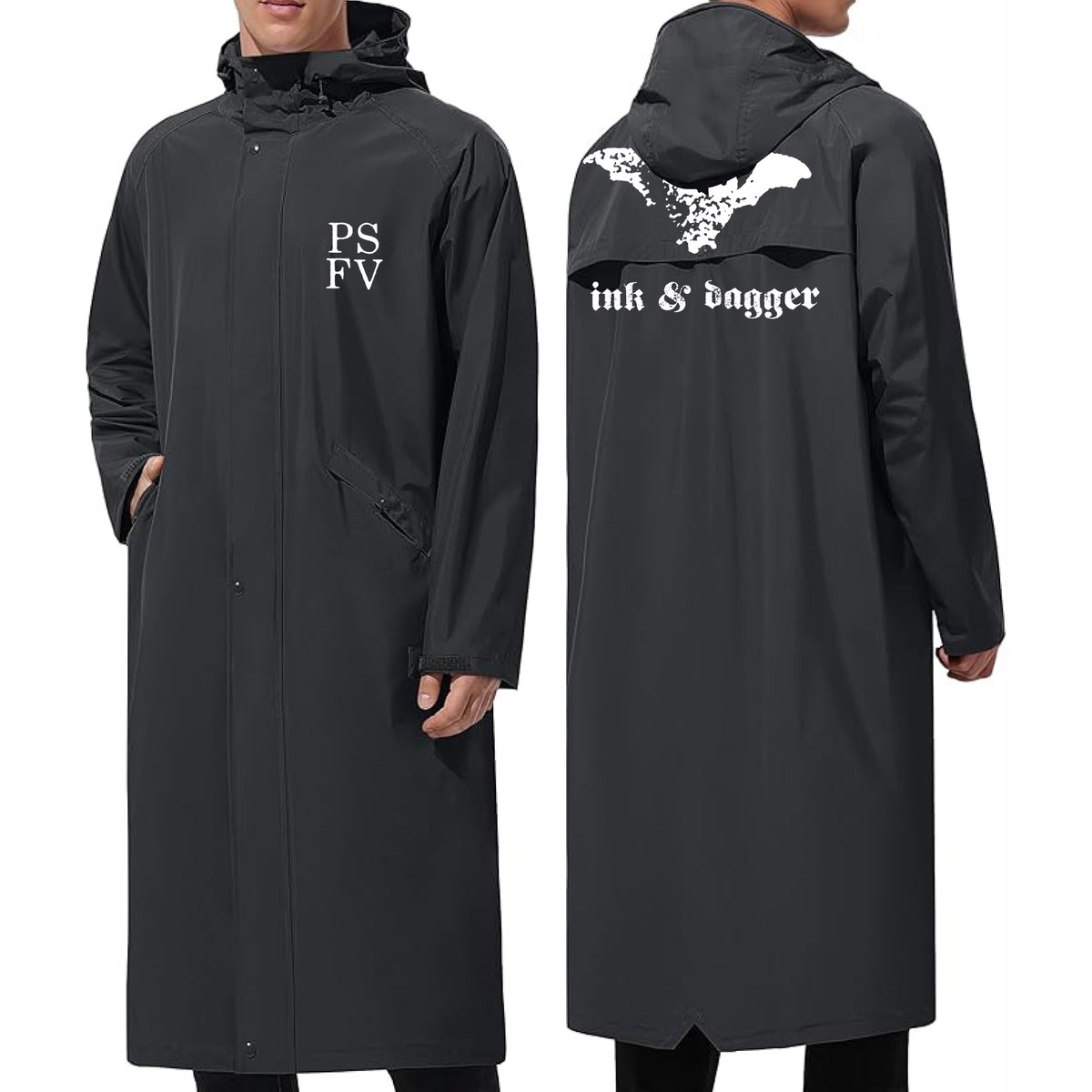 Two views of this long black waterproof rain jacket by Ink & Dagger: the front has white PSFV lettering, while the back displays a bat graphic with "ink & dagger" in stylized text—a standout among men's rain jackets.