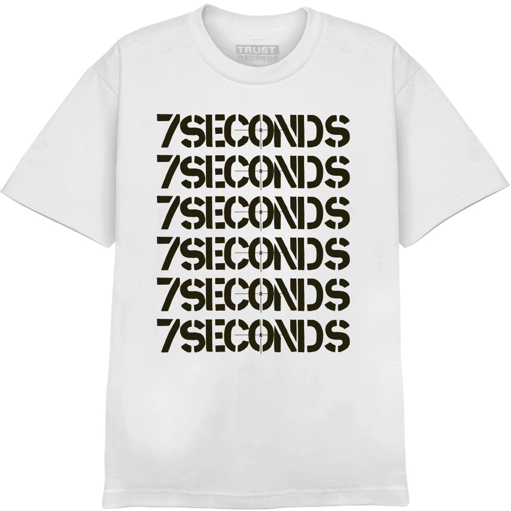 7 Seconds white t-shirt, 100% cotton, features 7SECONDS printed six times in bold black stencil font stacked vertically on the front—a classic silkscreened design.