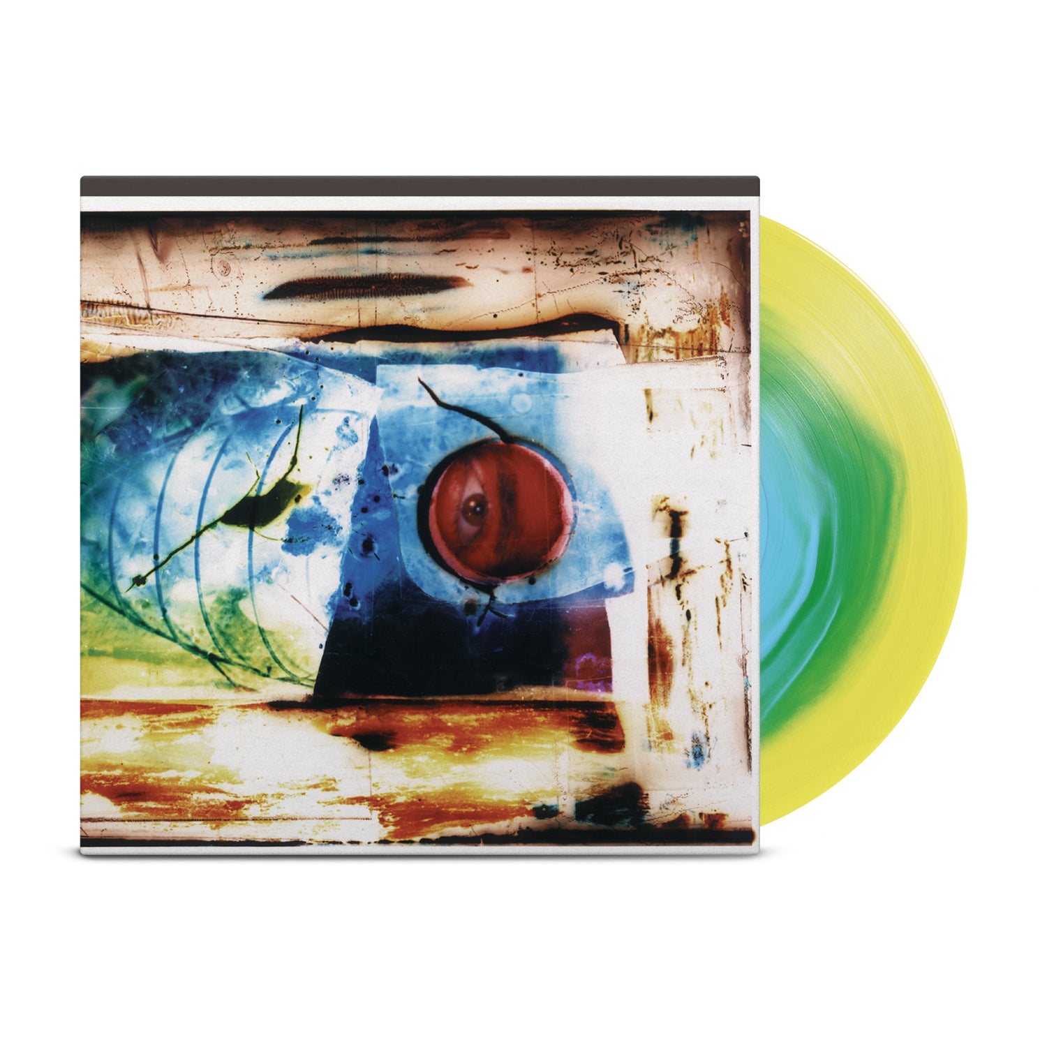 A vibrant color vinyl record by Ink & Dagger, blending yellow, blue, and green, partially slides from an abstract white album cover for The Fine Art of Original Sin, with swirling shapes, a red circle, blue tones, and bold dynamic lines.