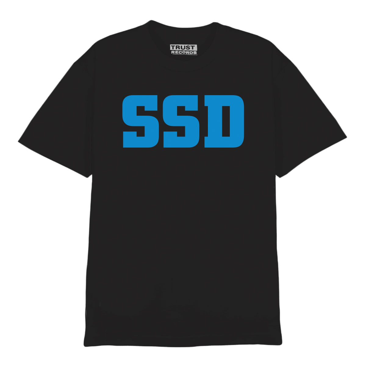 A black SS Decontrol T-shirt with large, bold blue SSD logo on the front and a small TRUST RECORDS label inside the collar.