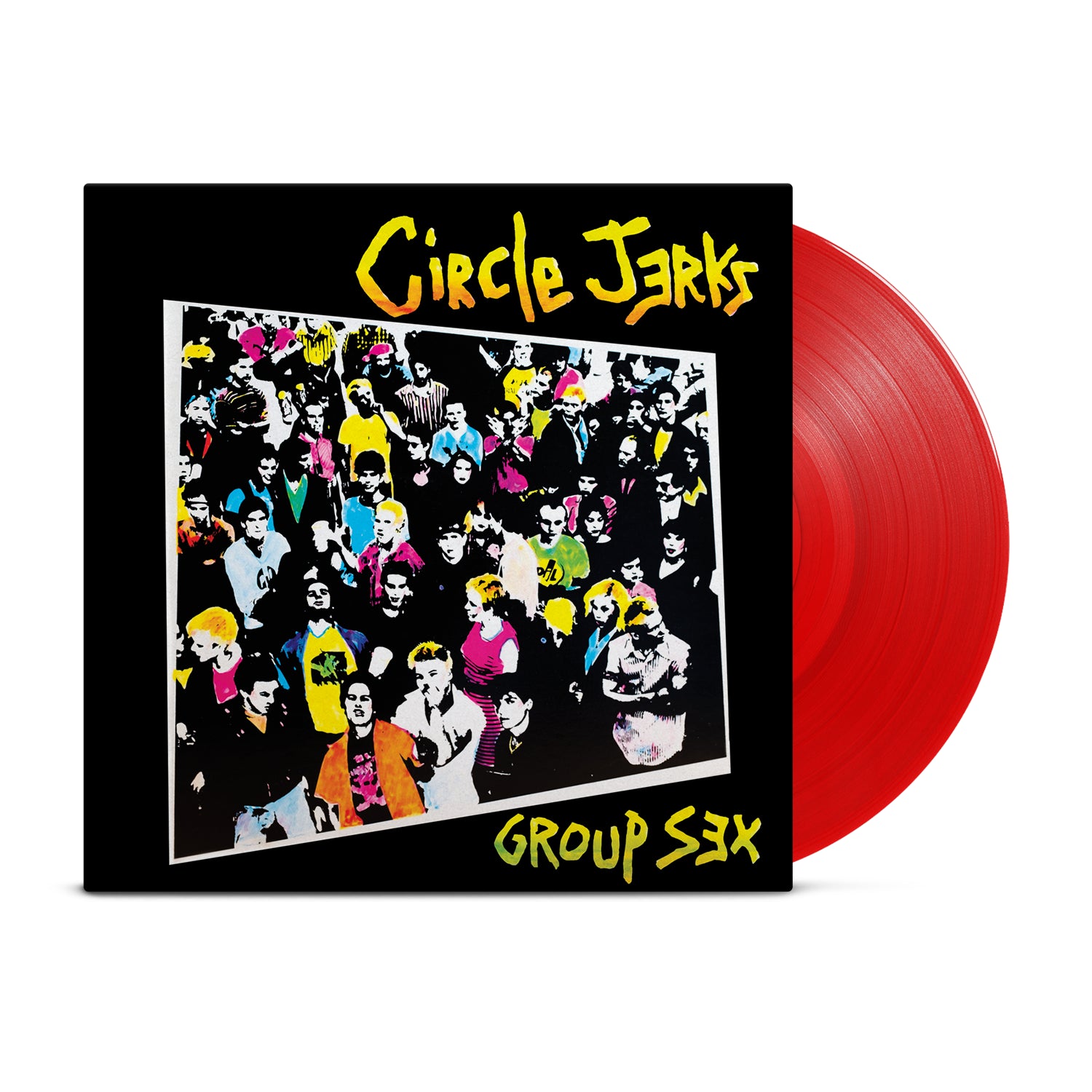 The Circle Jerks’ Group Sex LP features a vibrant crowd on the cover with bold yellow text and comes as a striking red vinyl record.