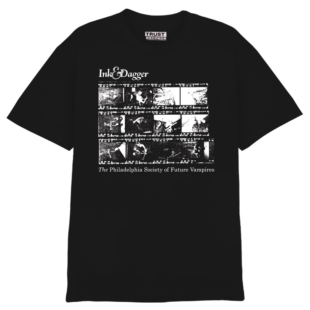 Black Ink & Dagger Comfort Colors T-shirt with white distressed film strip graphics, The Philadelphia Society of Future Vampires text, and Trust Records collar tag. Available for presale.