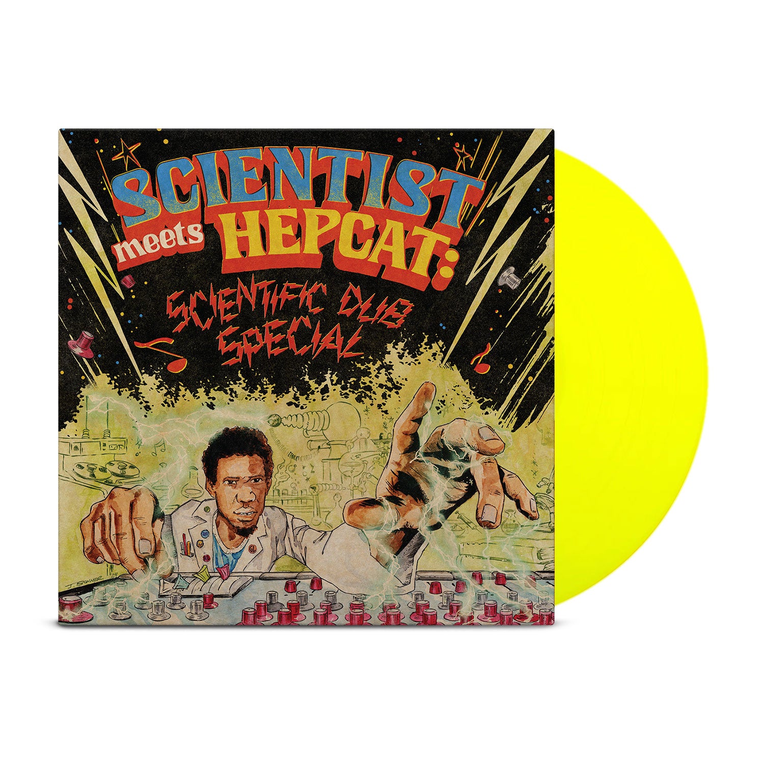 Album cover for Hepcat's dub album "Scientist Meets Hepcat: Scientific Dub Special" features a cartoon DJ at a mixing board, vibrant colors, and a neon yellow vinyl peeking out from behind the cover.