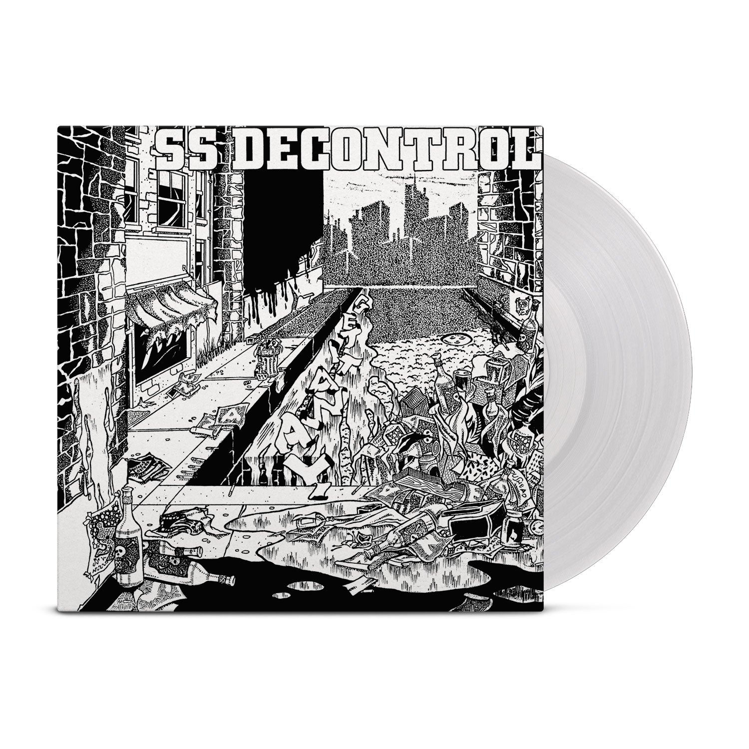 Black and white cover shows city ruins, graffiti, and debris with “SSD Decontrol” at the top. A limited edition transparent vinyl by SS Decontrol is partly visible, capturing the raw energy of SSD Get It Away.