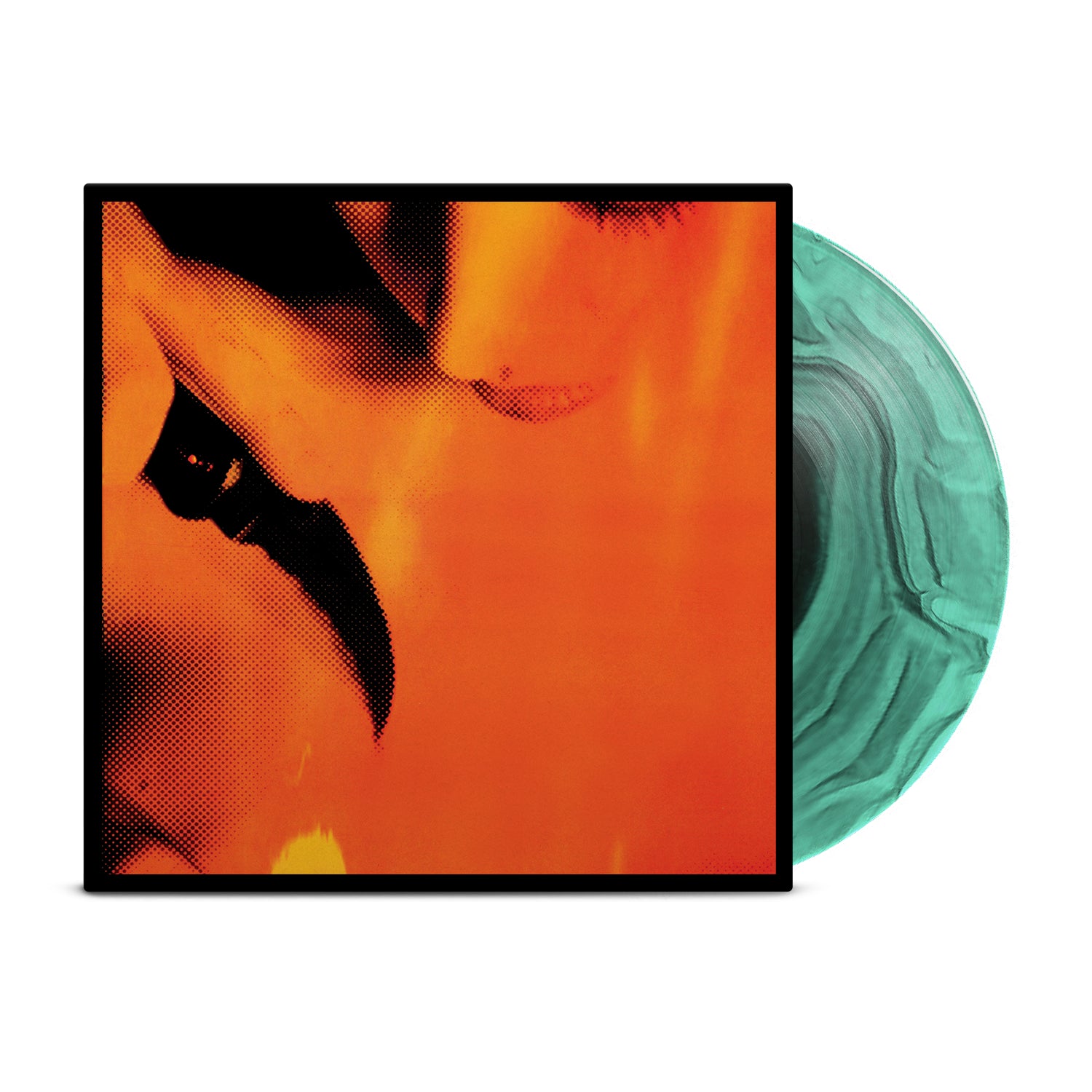 A marbled teal Ink & Dagger vinyl record peeks from an album cover with a close-up, stylized orange and black image of two nearly touching faces—an intimate, abstract visual matching the psychedelic soundscape.