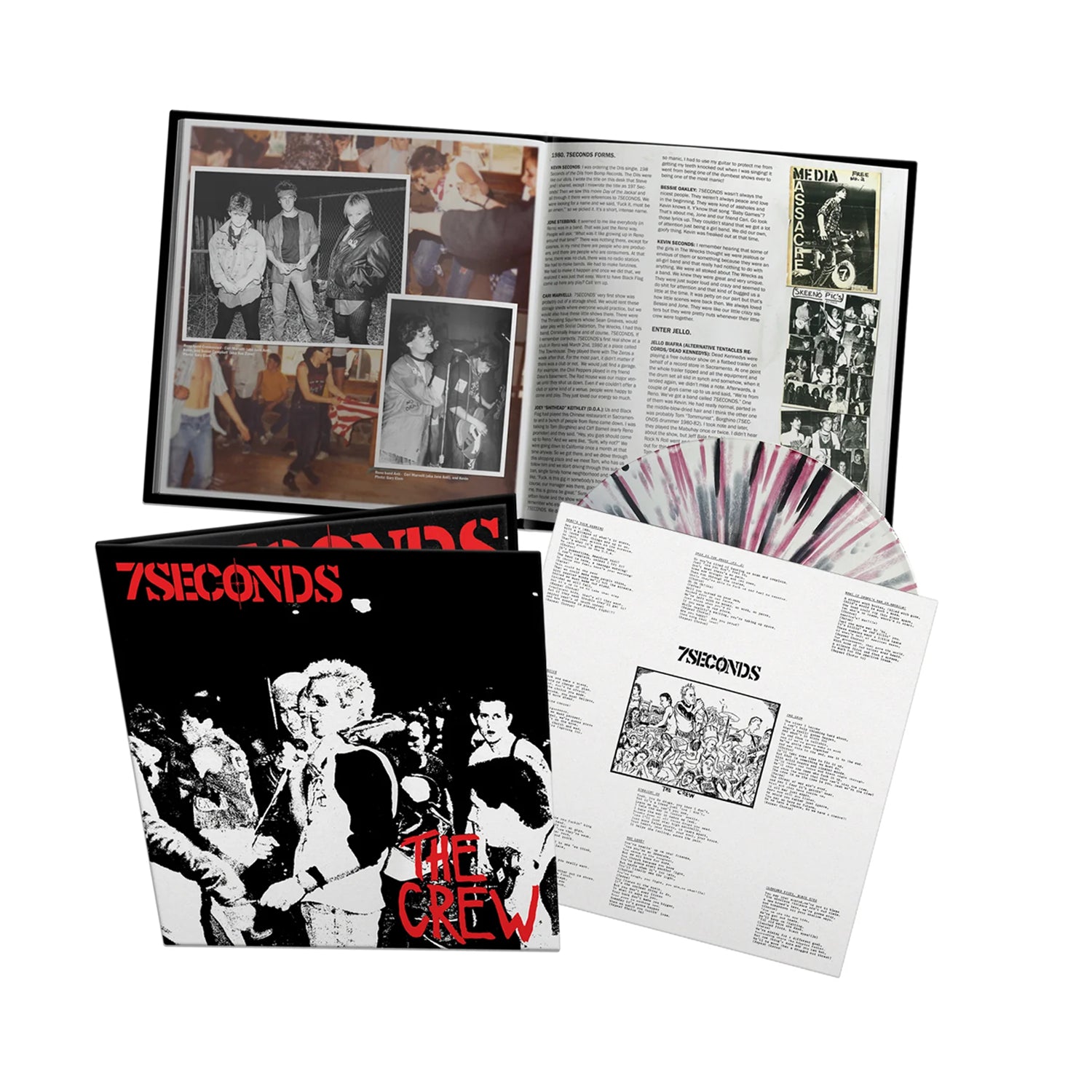 Deluxe Gatefold edition of 7 Seconds’ The Crew with splatter vinyl, lyric sheet, B&W band photos, and live-performance red-and-white album art—a must-have collectible for punk fans.