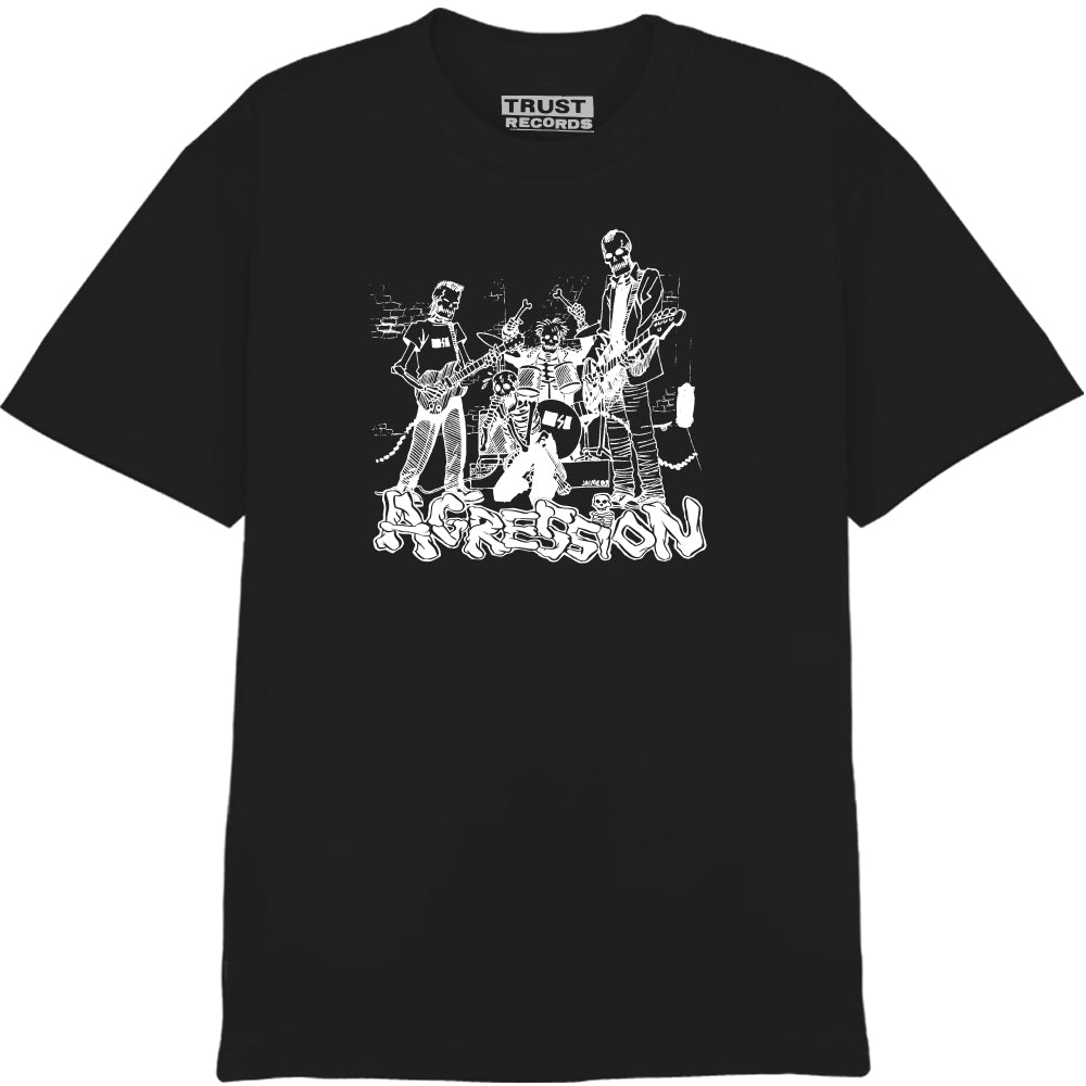 Black American Apparel T-shirt, 100% cotton, with a white graphic of three punk musicians and Agression in bold graffiti font below. Shirt tag reads TRUST RECORDS.
