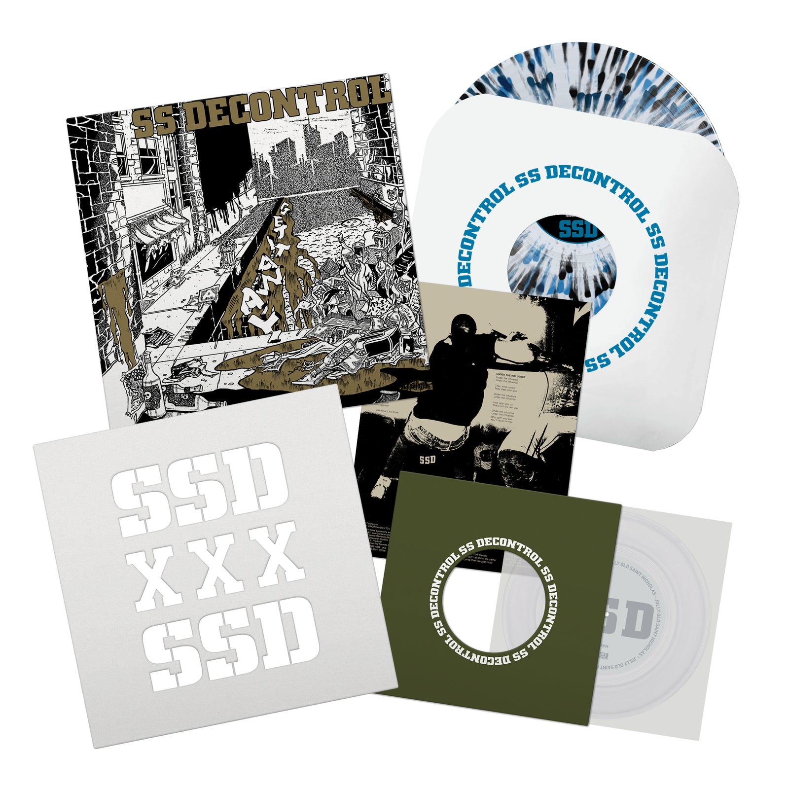 SS Decontrols Get It Away XCLAIM edition features an illustrated album cover of a chaotic urban street. The partially visible vinyl has a splatter pattern in white, black, and blue.