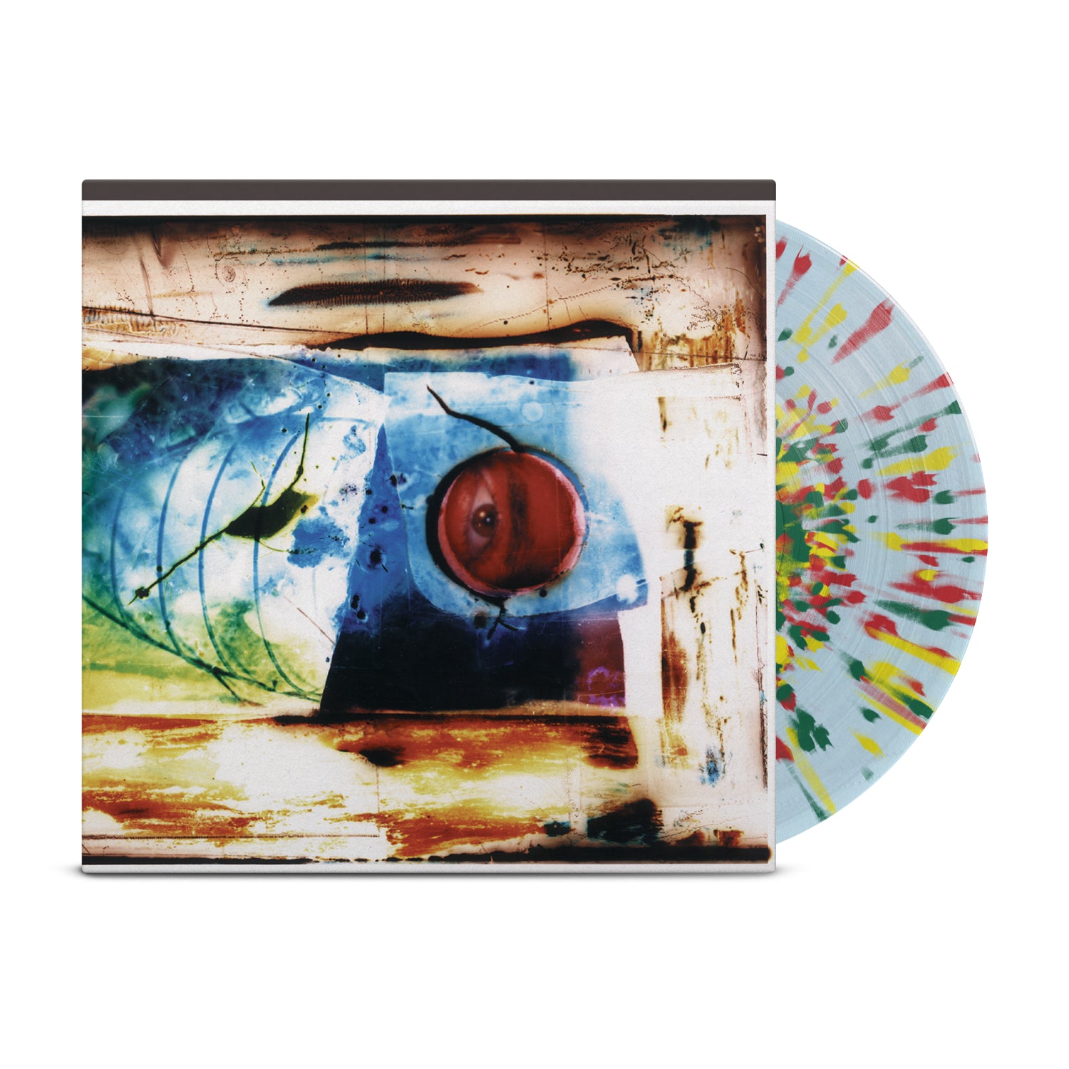 Ink & Dagger’s The Fine Art of Original Sin appears on clear blue splatter vinyl, housed in a sleeve decorated with abstract artwork featuring blue, green, brown, and red shades.