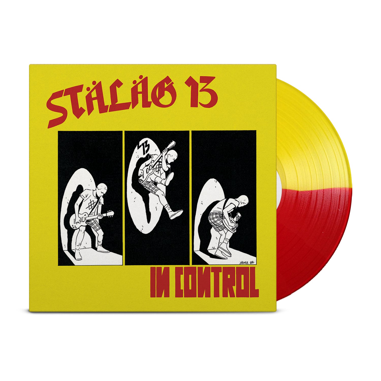 Stalag 13’s In Control Special Gatefold Edition album cover features bold red and yellow text on a yellow background, black-and-white cartoon figures, and a striking red-and-yellow split-color vinyl.