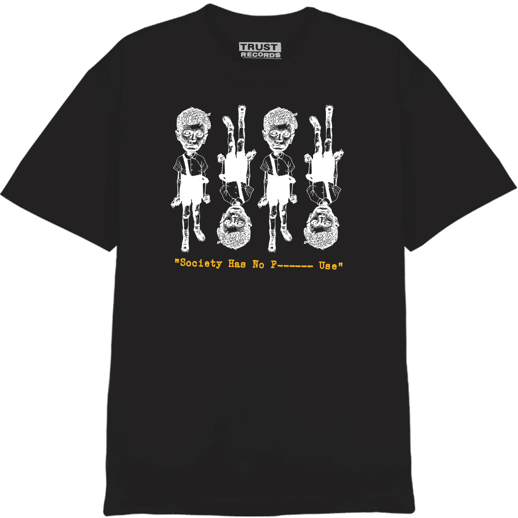 The SNFU black Alstyle 1301 t-shirt features a silkscreened front graphic of three white skeletons (sitting, standing, upside down) with yellow text: “Society Has No Friends ‘Us.’” Back has mirrored yellow text and a skeleton. 100% cotton.