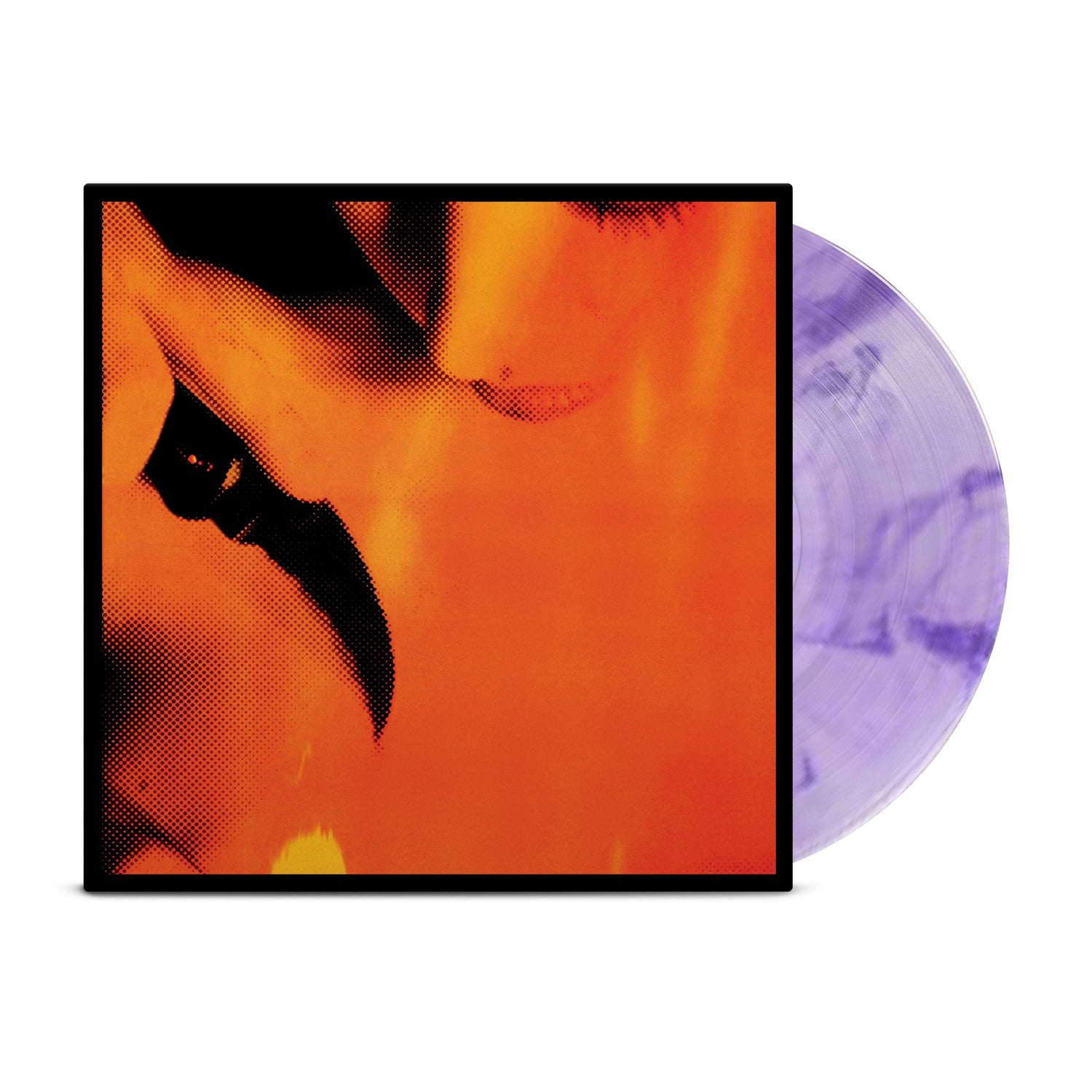 Ink & Dagger’s Self-Titled Amethyst Vinyl, with a purple marbled finish, pairs strikingly with the stylized, grainy orange and black face and torso on the album cover.