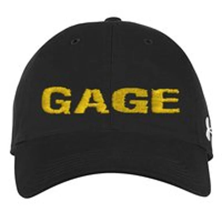 The GAGE Relaxed Logo Hat is a black adjustable cap featuring the brand name embroidered in large yellow letters on the front, providing a classic look and comfortable fit for everyday wear.