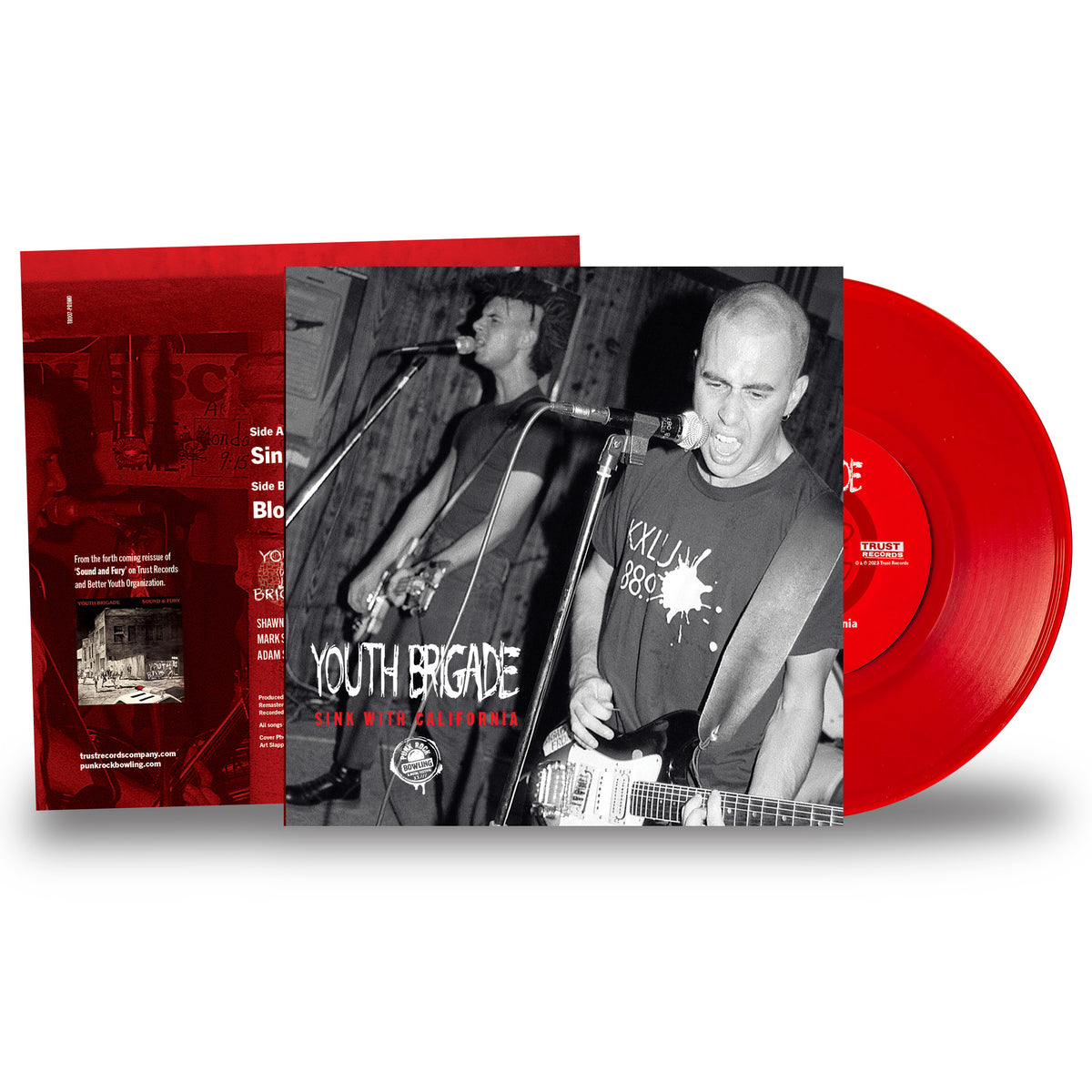 Exclusive red vinyl edition of Youth Brigade's "Sink With California." Features cover art with two men playing guitars and microphones. Sleeve includes song titles and band info—a must-have for punk rock collectors.