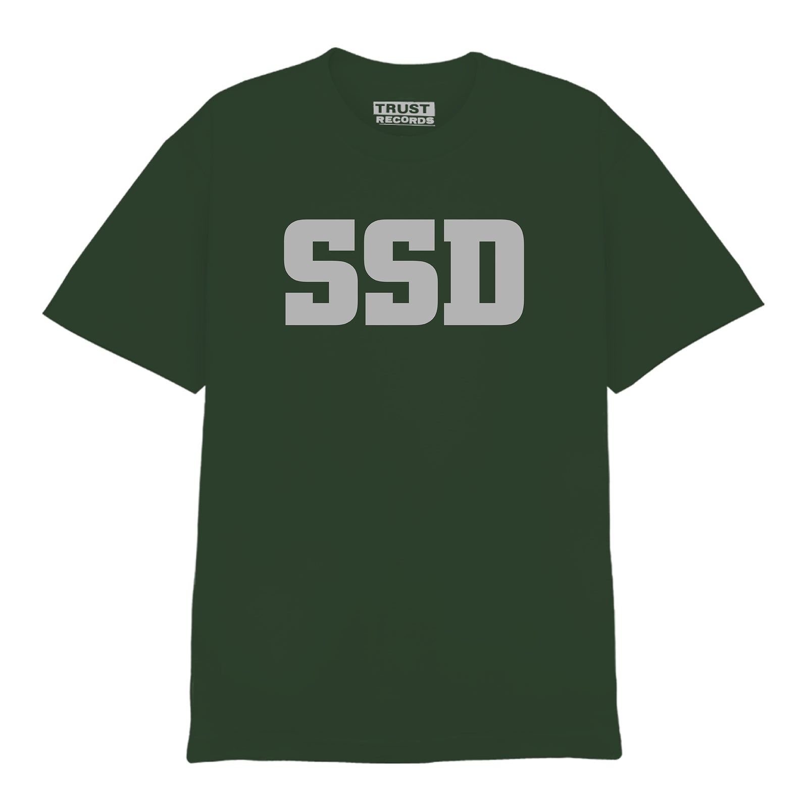 A dark green SS Decontrol T-shirt features large bold gray SSD letters screenprinted on the chest, with a neck label that reads TRUST RECORDS.