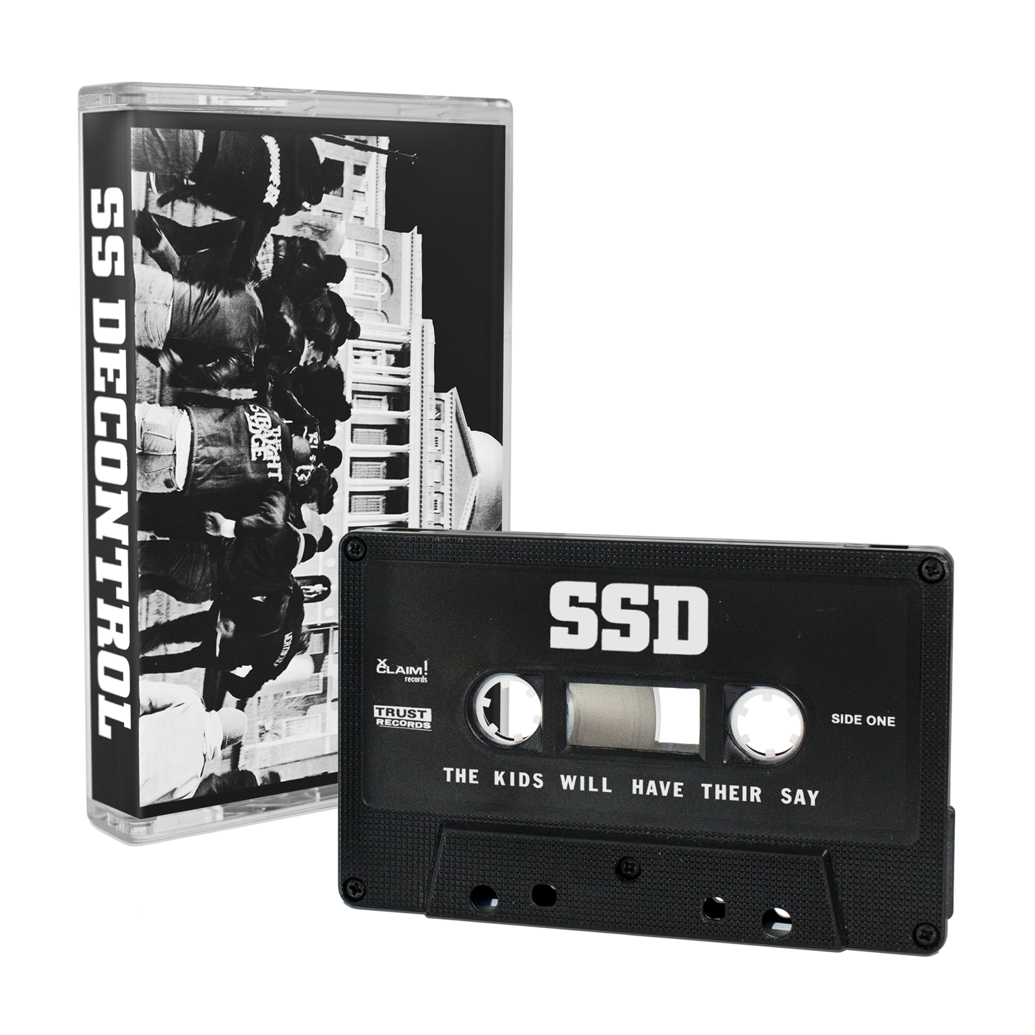 A limited edition The Kids Will Have Their Say cassette by SS Decontrol is pictured in front of its case, which displays a black-and-white group photo and the SS Decontrol name on the spine.