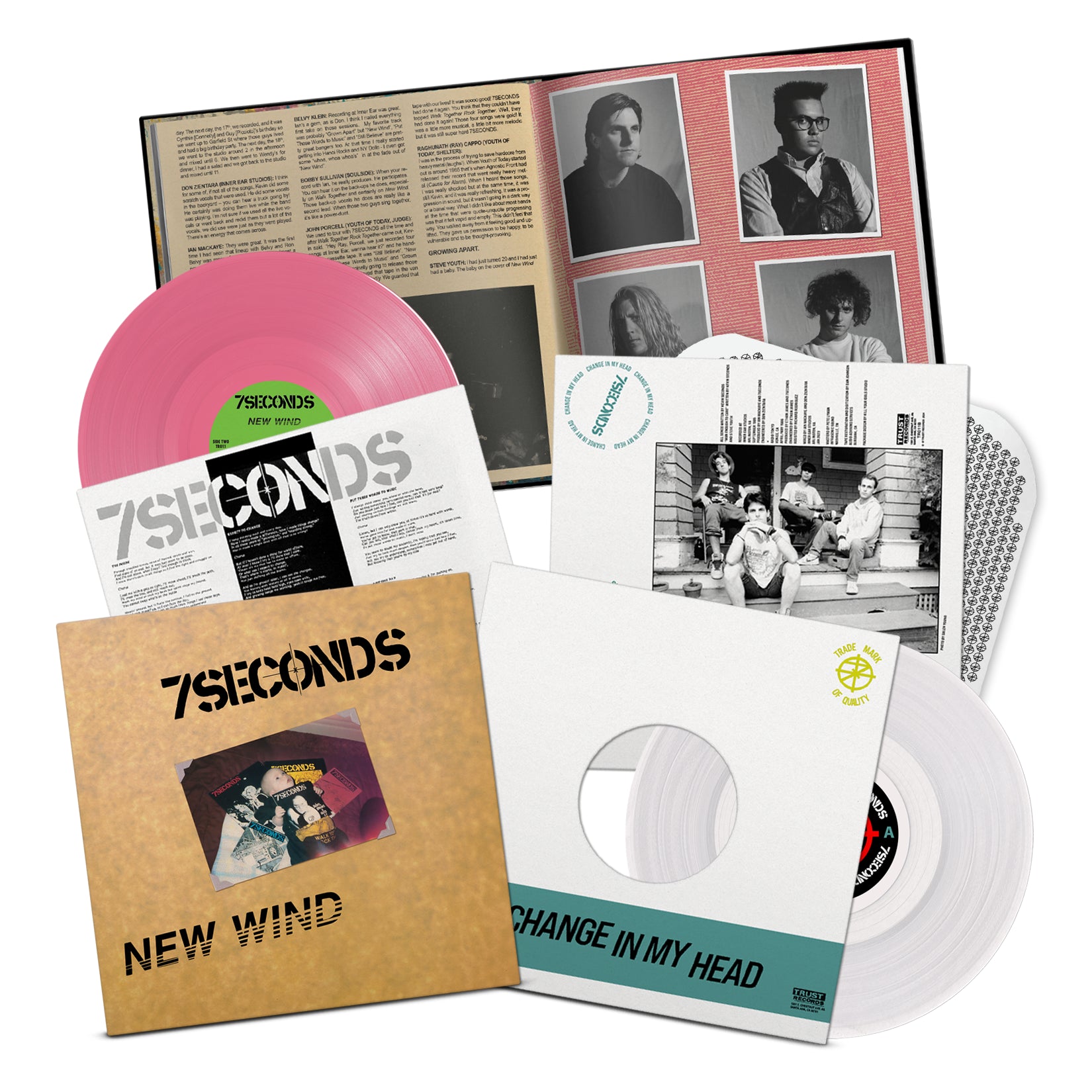 A 7 Seconds vinyl box set featuring a pink New Wind 7, open gatefold with band photos and liner notes, photo insert, white single with Change In My Head sleeve—limited to 750 and mastered by a Grammy-winning engineer.