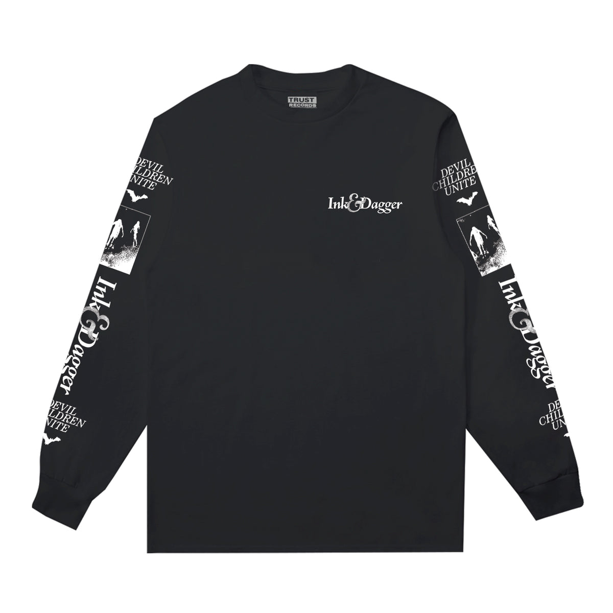 Ink &amp; Dagger black long-sleeve shirt on Comfort Colors features a chest logo, white sleeve graphics with bats, &quot;DEVIL CHILDREN UNITE&quot; text, and stylized images. This is a presale; shipping details given at checkout.