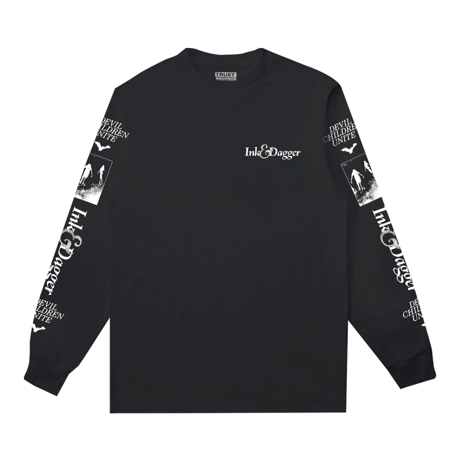 Ink & Dagger black long-sleeve shirt on Comfort Colors features a chest logo, white sleeve graphics with bats, "DEVIL CHILDREN UNITE" text, and stylized images. This is a presale; shipping details given at checkout.