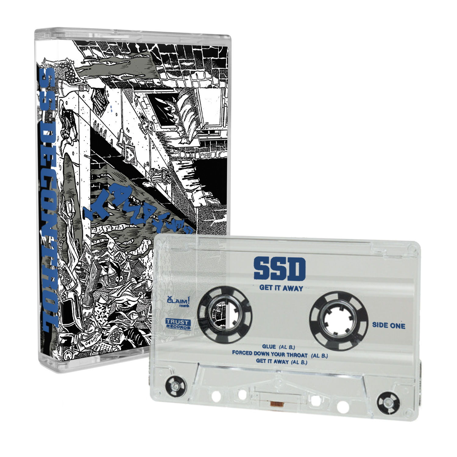 A limited edition clear cassette labeled Get It Away Side One is displayed before its black-and-white illustrated case, which features chaotic urban imagery and bold blue SS Decontrol branding.