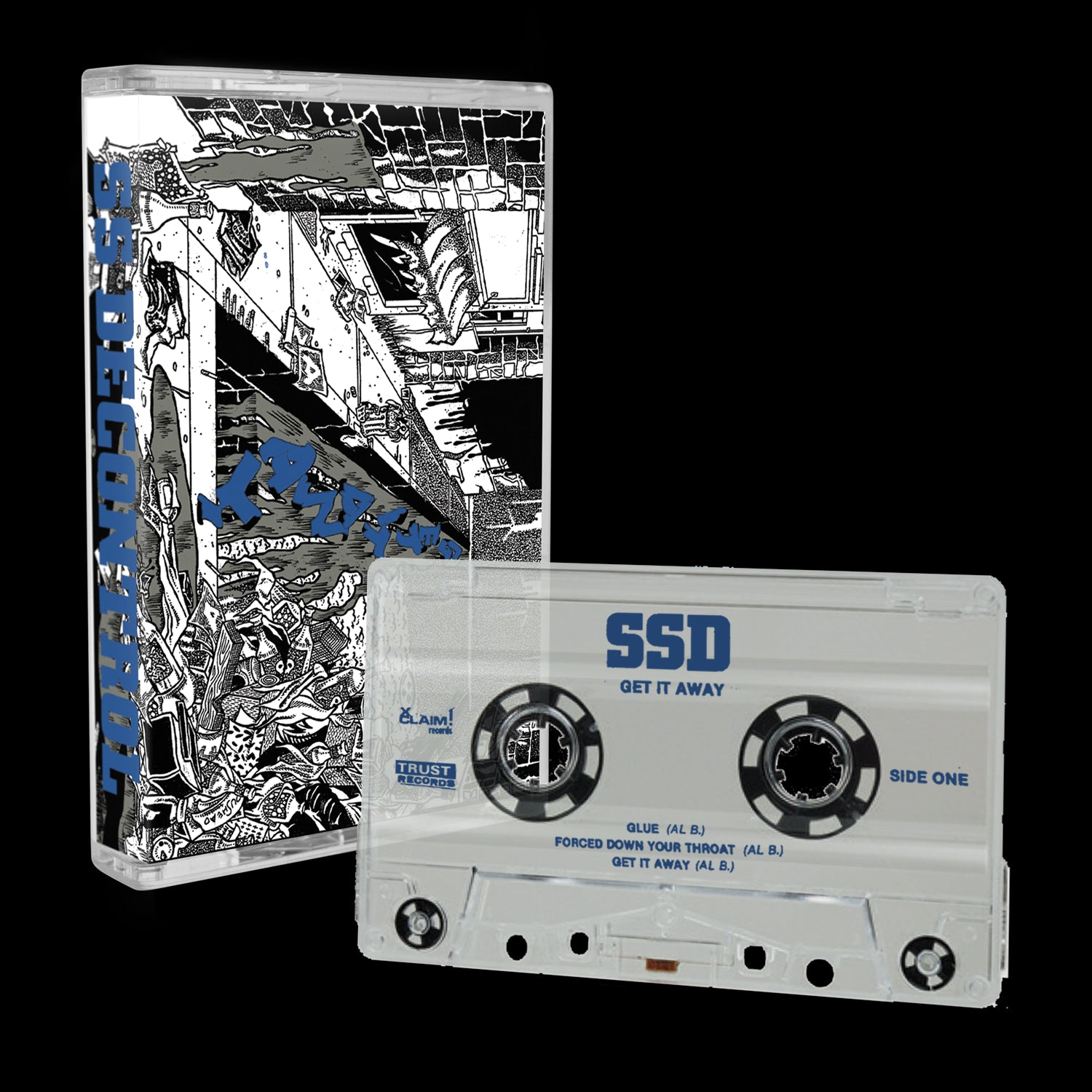 A limited edition clear cassette labeled Get It Away Side One is displayed before its black-and-white illustrated case, which features chaotic urban imagery and bold blue SS Decontrol branding.