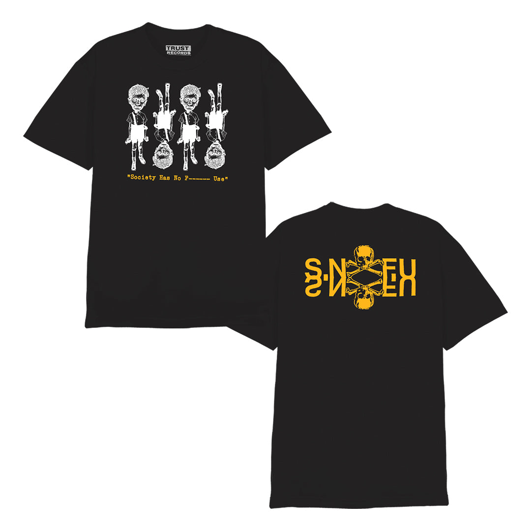 The SNFU black Alstyle 1301 t-shirt features a silkscreened front graphic of three white skeletons (sitting, standing, upside down) with yellow text: “Society Has No Friends ‘Us.’” Back has mirrored yellow text and a skeleton. 100% cotton.