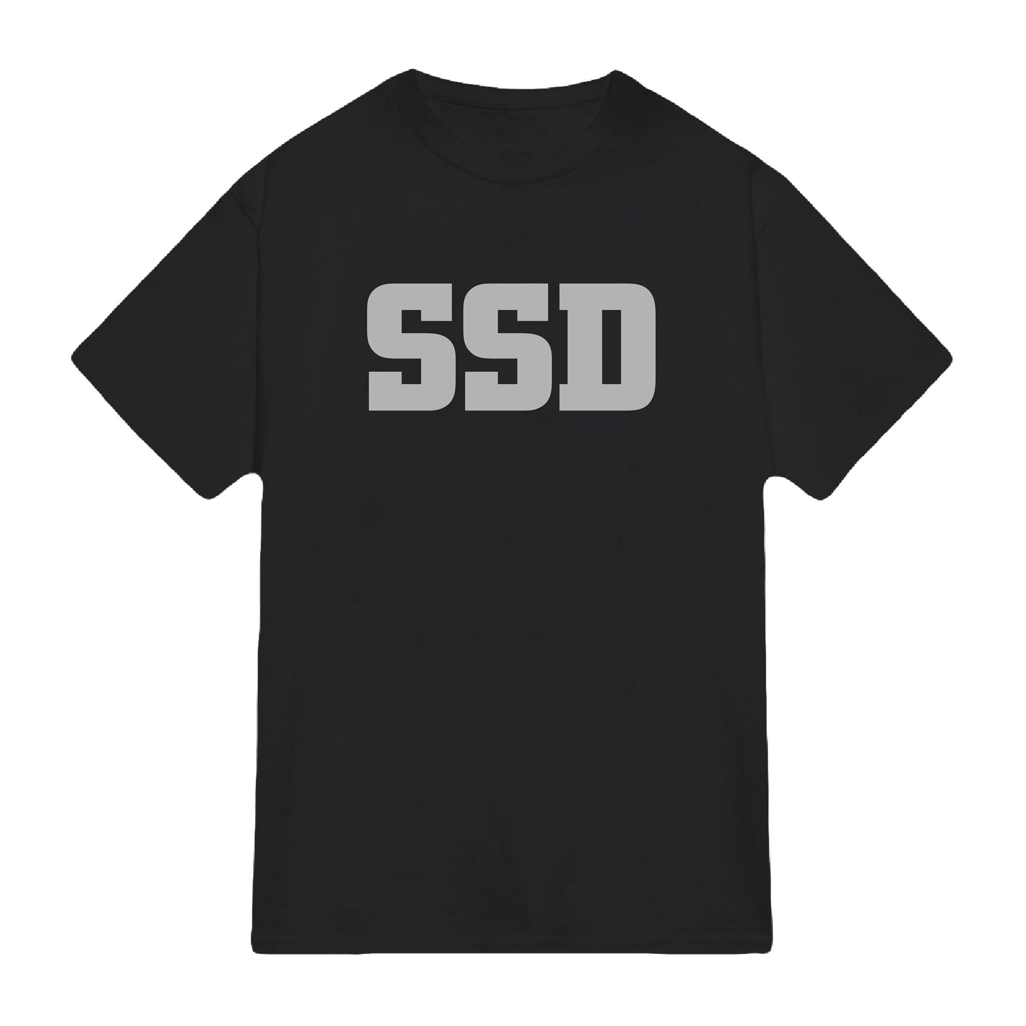 A black SS Decontrol (SSD) American Apparel t-shirt featuring large, bold gray SSD letters across the chest—ideal for fans of stylish printed apparel.