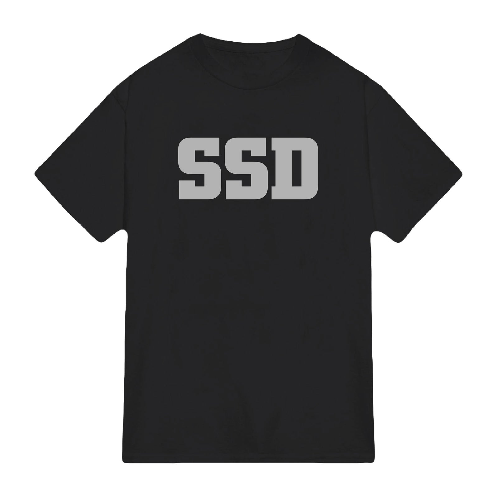 A black SS Decontrol (SSD) American Apparel t-shirt featuring large, bold gray SSD letters across the chest—ideal for fans of stylish printed apparel.