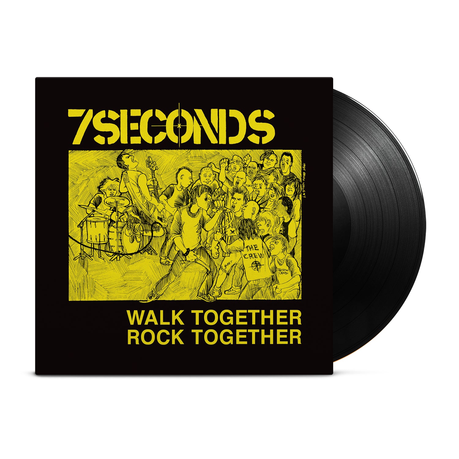 A remastered vinyl of 7 Seconds’ album Walk Together, Rock Together features a yellow illustration of a punk band playing live to an excited crowd, with the brand name and album title in bold yellow text.