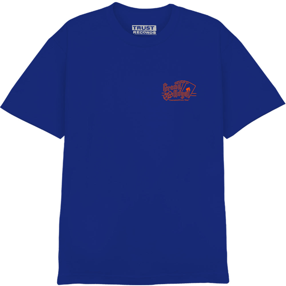 A royal blue Trust Records T-shirt with a small red "Iron Butterfly" graphic above three outlined playing cards on the left chest and a TRUST RECORDS collar tag.