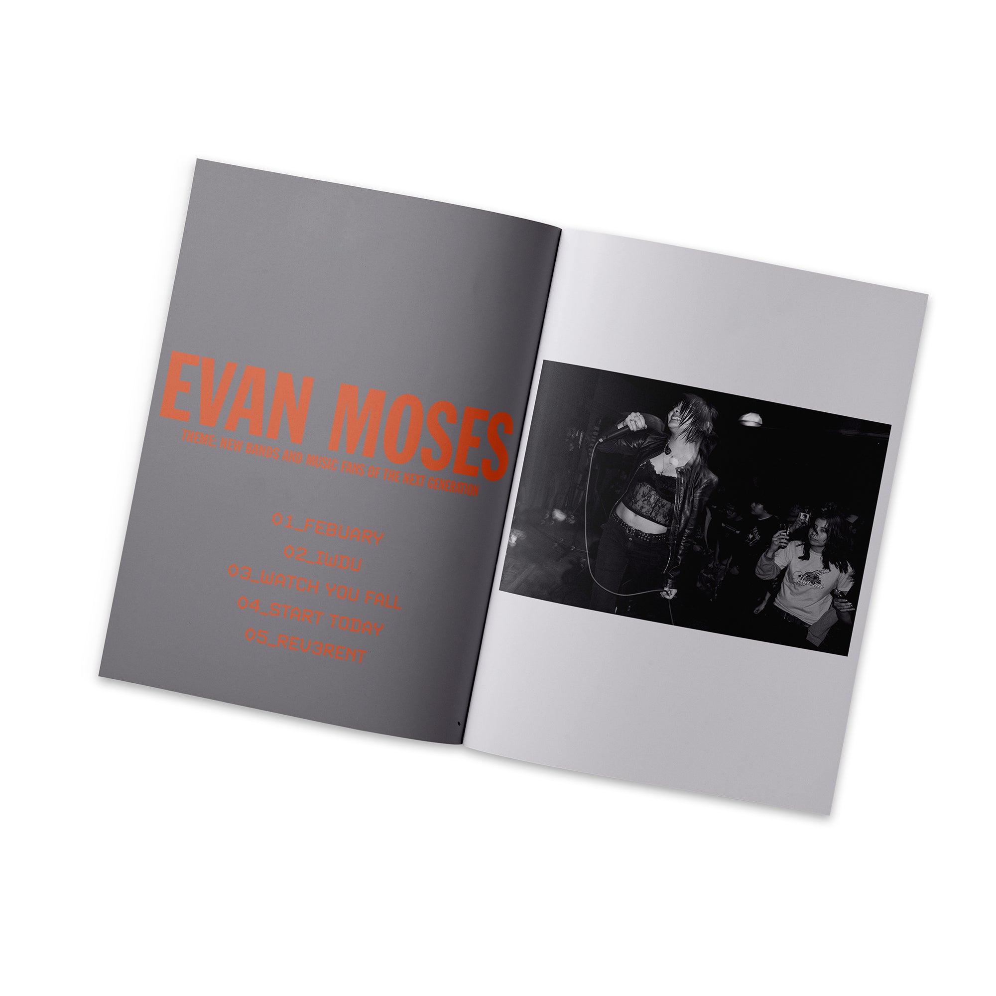 A Trust Records magazine spread from issue 4 features bold red “EVAN MOSES” text with event details on the left and, on the right, a black-and-white photo of a singer at a mic printed on uncoated paper.