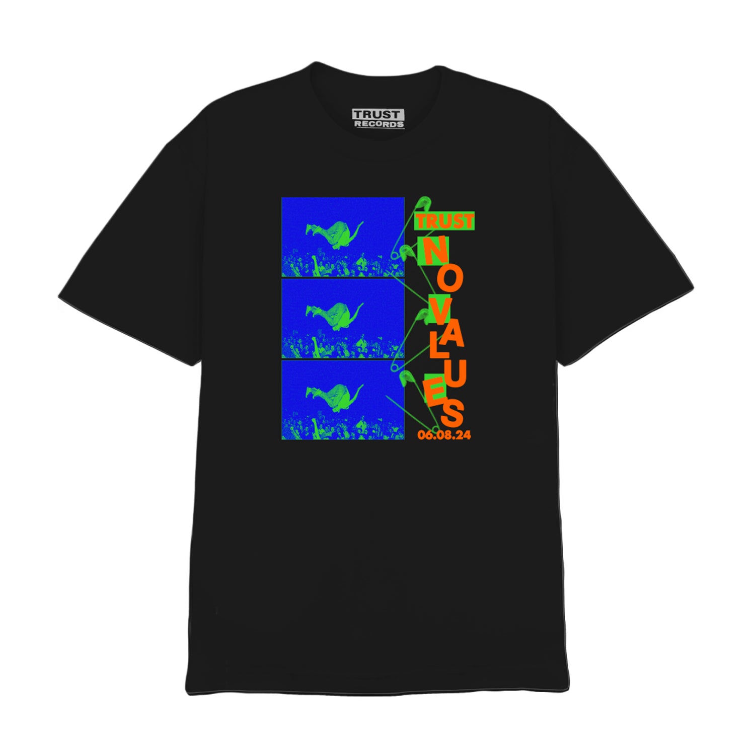 Trust Records black T-shirt with three blue-green concert crowd images, bold neon green and orange NO VALUES graphic reading TRUST, NO VALUES, 06.08.24, and TRUST RECORDS printed inside the collar.