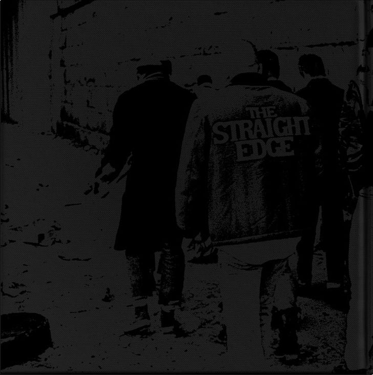 A group walks down a gritty alley. One wears a jacket emblazoned with THE STRAIGHT EDGE—just like the iconic SS Decontrol Art Compilation Book, featuring black UV spot ink and exclusive band commentary.