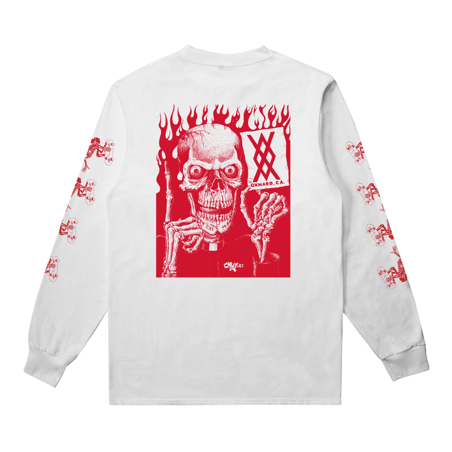The Stalag 13 longsleeve features bold red skeleton graphics on white, a large back print of a skeleton with candles and a symbol amid flames, plus matching red designs down the sleeves.